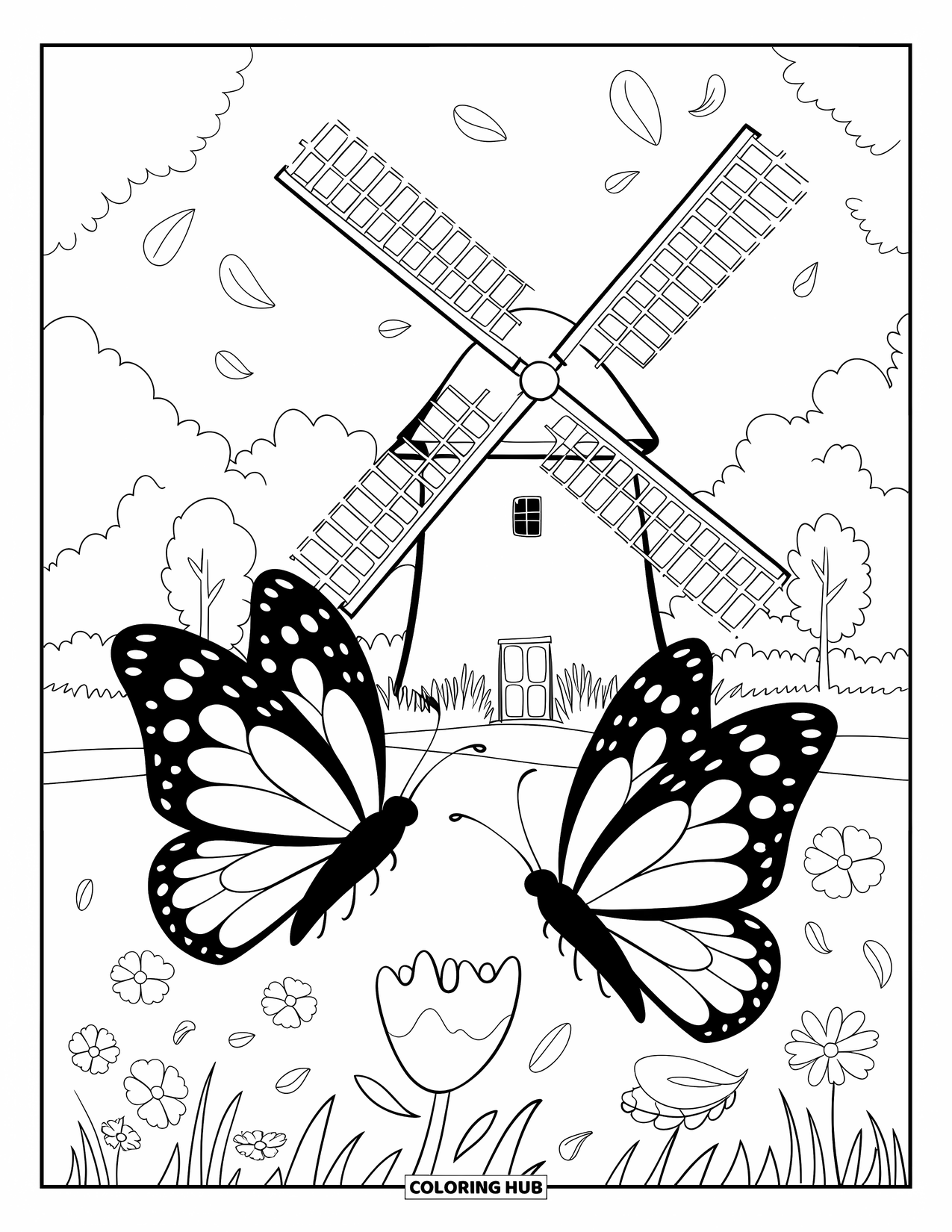 Desenho de Borboleta para Colorir para Adultos: Duas borboletas perto de um moinho de vento, cercadas por pétalas de flores e folhas, com árvores ao fundo