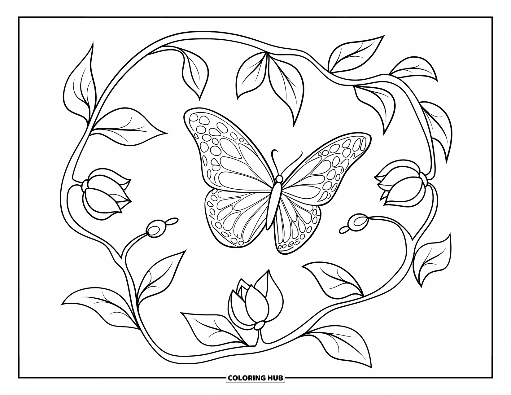 Desenho de Borboleta para Colorir para Crianças: Uma borboleta voando acima de uma videira sinuosa, com contornos marcantes e um fundo simples