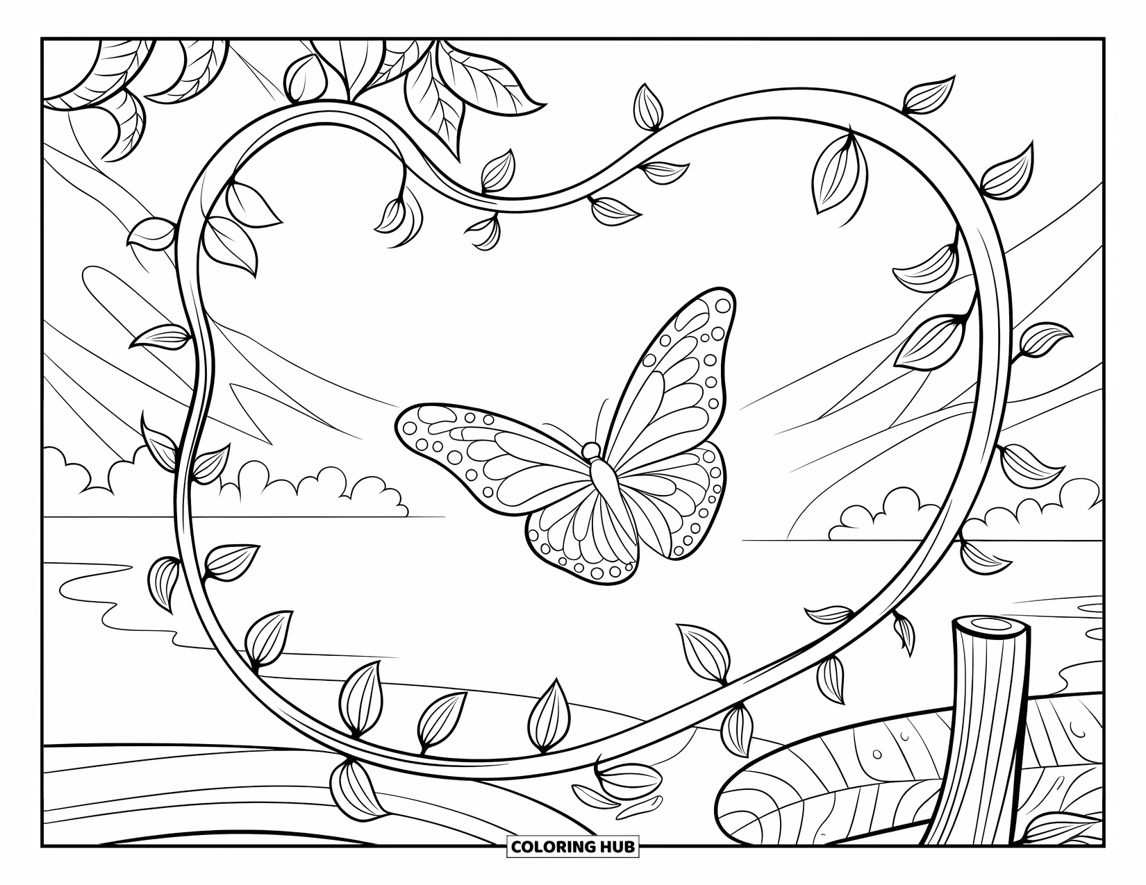 Desenho de Borboleta para Colorir para Crianças: Uma borboleta voando acima de uma videira sinuosa com botões de flores, em uma paisagem serena