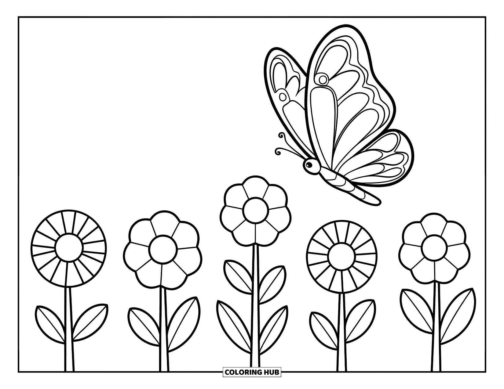 Desenho de Borboleta para Colorir para Crianças: Uma borboleta voando acima de cinco flores contornadas com pequenas folhas