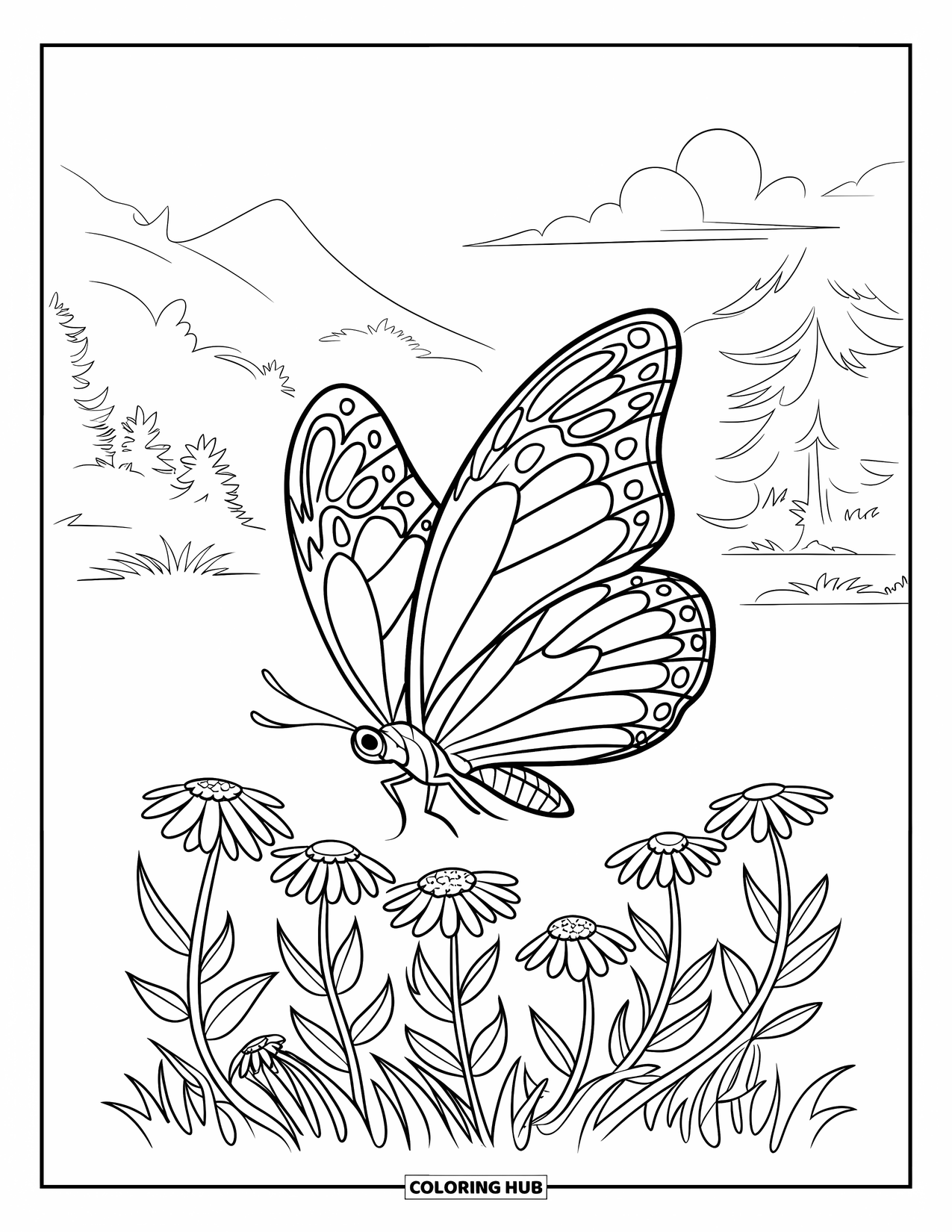 Desenho de Borboleta para Colorir para Crianças: Uma borboleta voando acima de flores silvestres com um fundo cênico