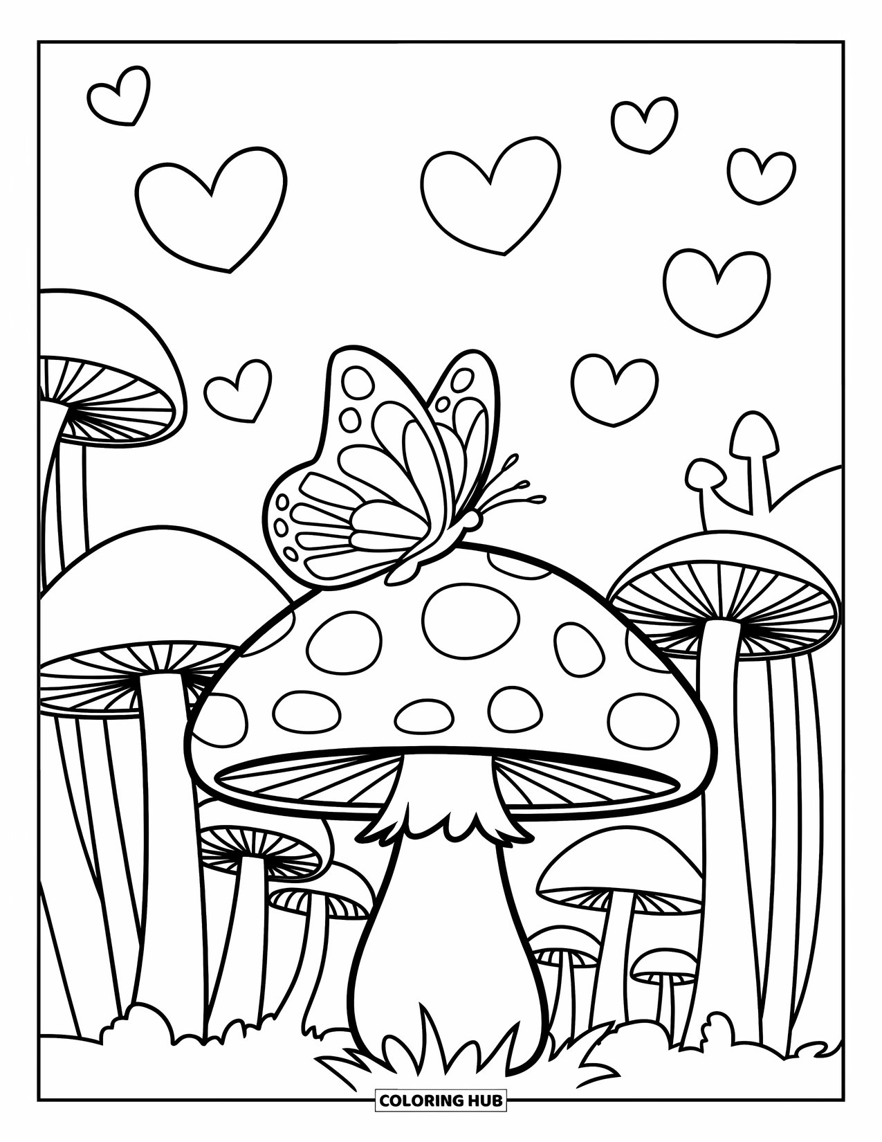 Desenho de Borboleta para Colorir para Crianças: Uma borboleta em um chapéu de cogumelo cercada por cogumelos altos e corações flutuantes