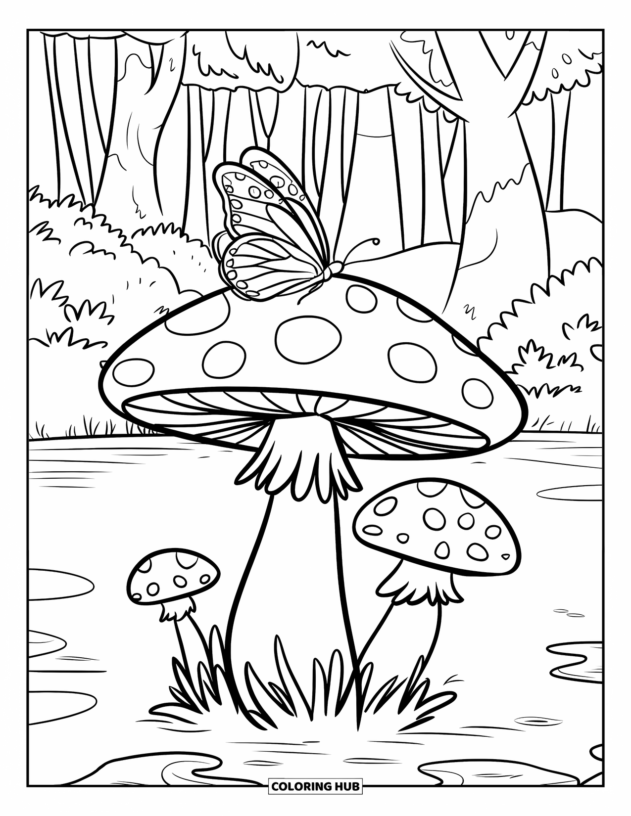 Desenho de Borboleta para Colorir para Crianças: Uma borboleta em um cogumelo cercada por árvores e um lago
