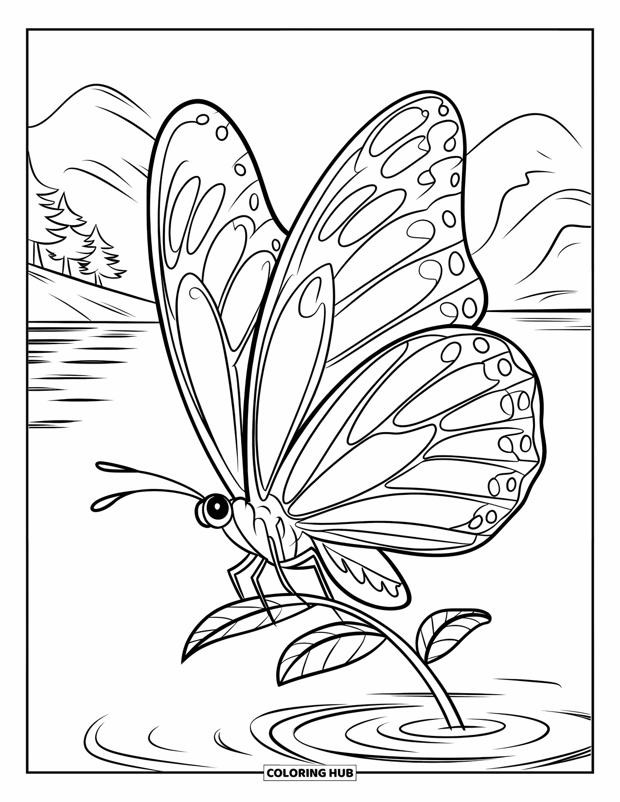 Desenho de Borboleta para Colorir para Crianças: Uma borboleta pousada em um galho acima de uma massa de água calma