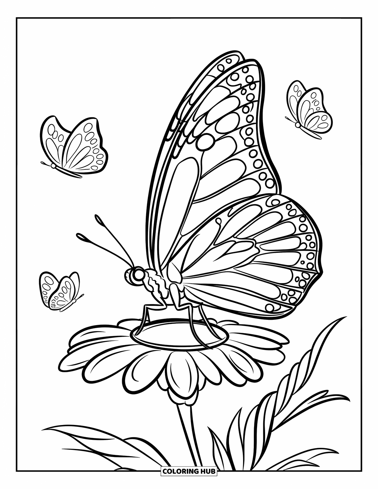 Desenho de Borboleta para Colorir para Crianças: Uma borboleta pousada em uma flor, cercada por três pequenas borboletas em voo