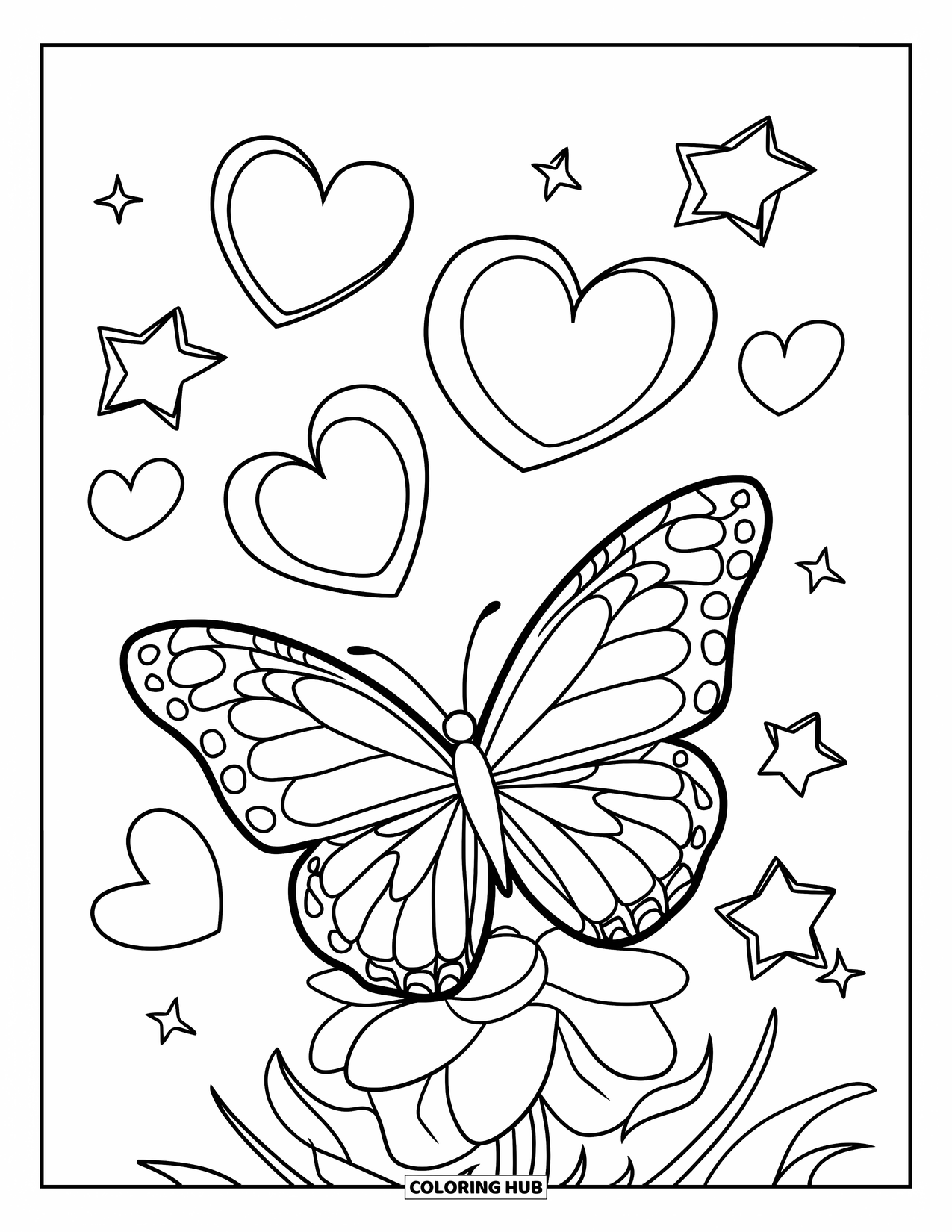 Desenho de Borboleta para Colorir para Crianças: Uma borboleta pousada em uma flor com corações e estrelas flutuantes