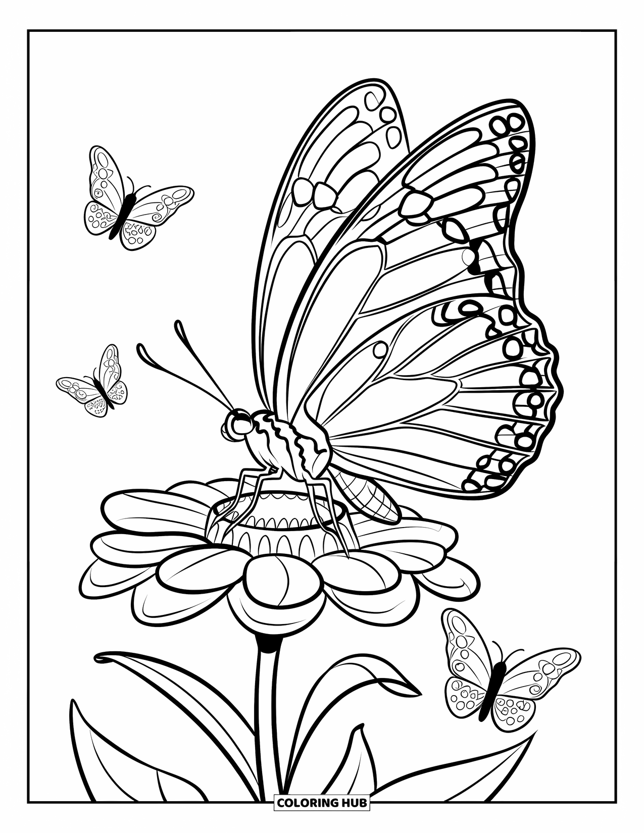 Desenho de Borboleta para Colorir para Crianças: Uma borboleta pousada em uma flor com pétalas em camadas, cercada por três pequenas borboletas