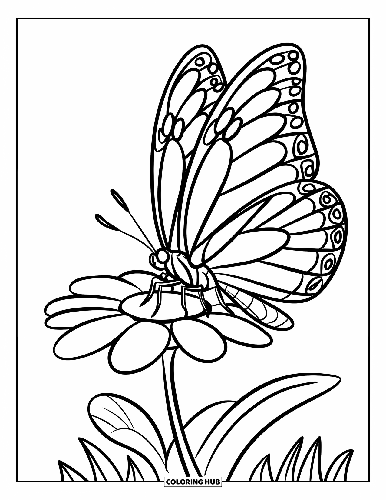 Desenho de Borboleta para Colorir para Crianças: Uma borboleta pousada em uma flor com detalhes mínimos de pétalas