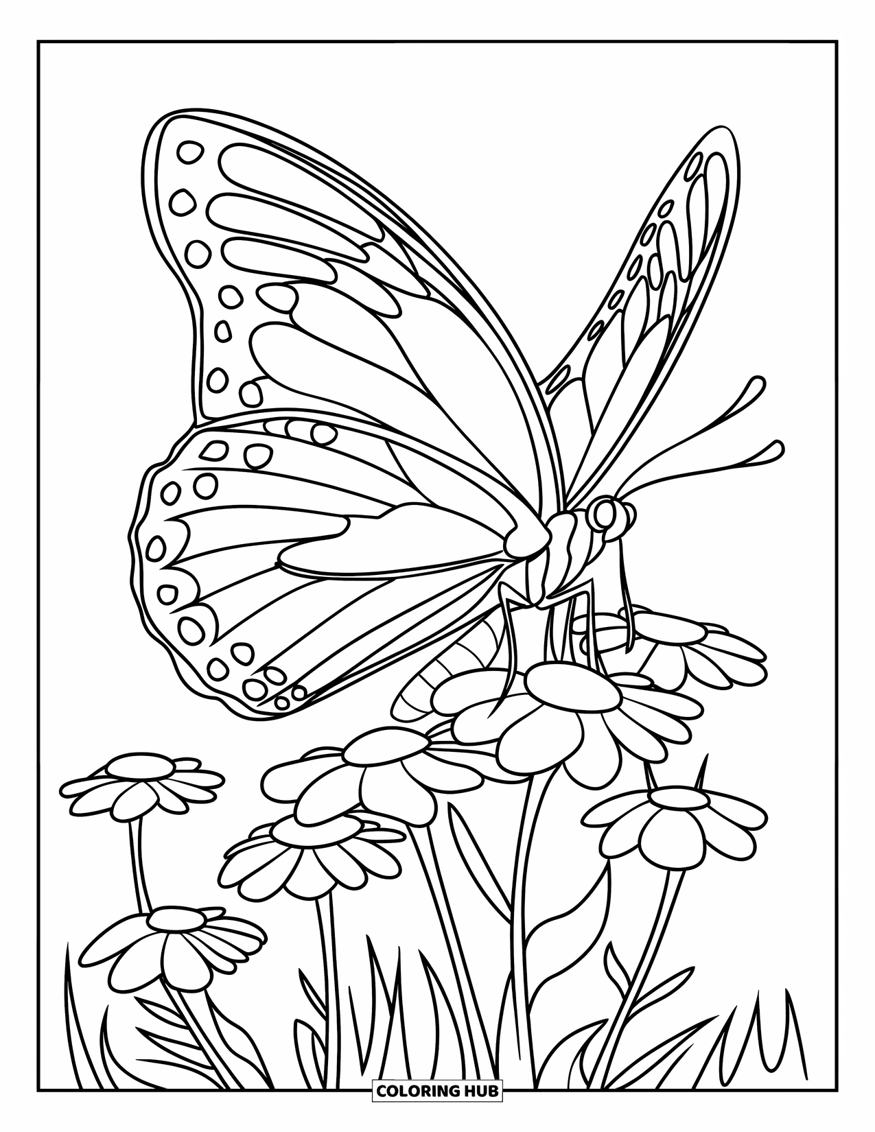 Desenho de Borboleta para Colorir para Crianças: Uma borboleta pousada em pequenas flores, com um design dinâmico e moderno