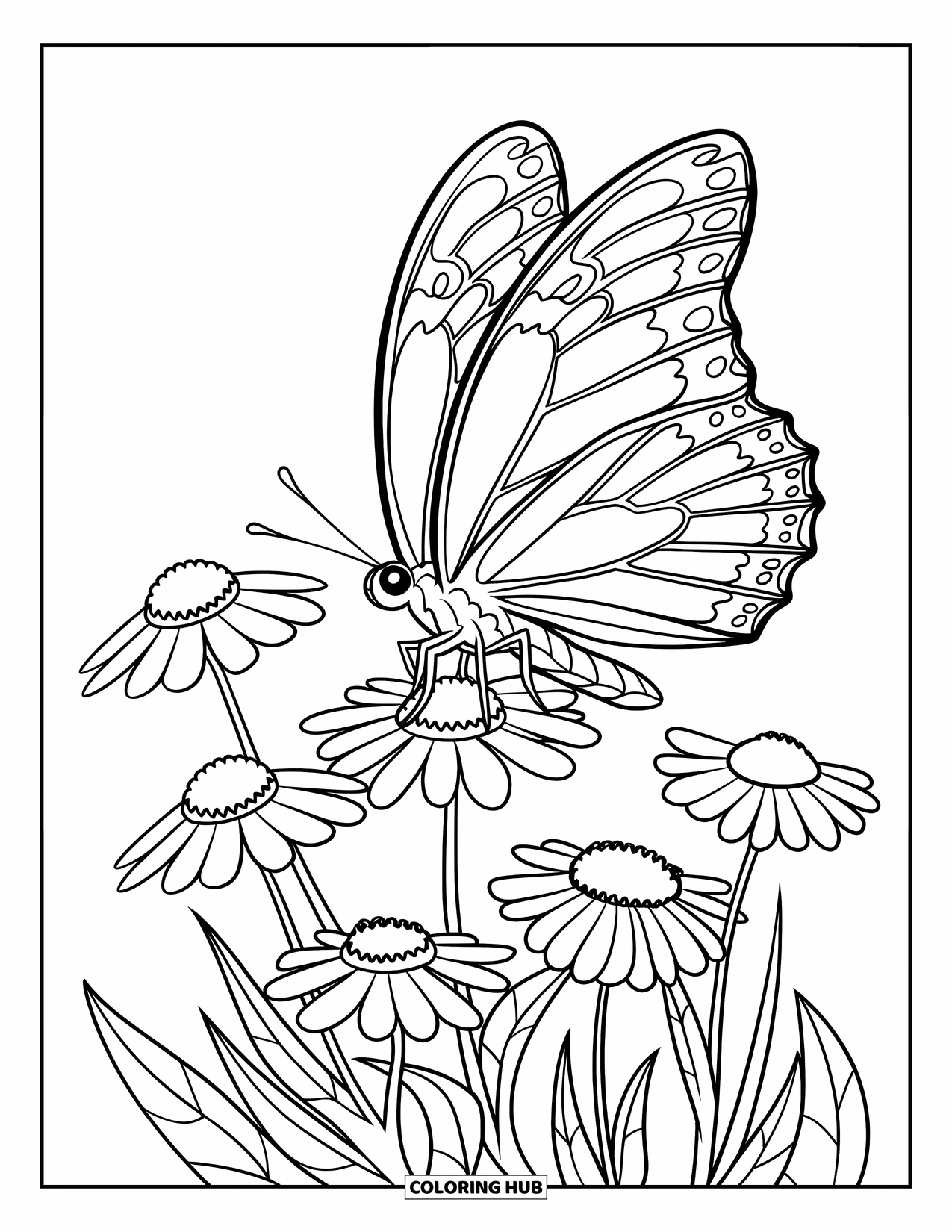 Desenho de Borboleta para Colorir para Crianças: Uma borboleta pousada em pequenas flores, com detalhes moderados e contornos marcantes