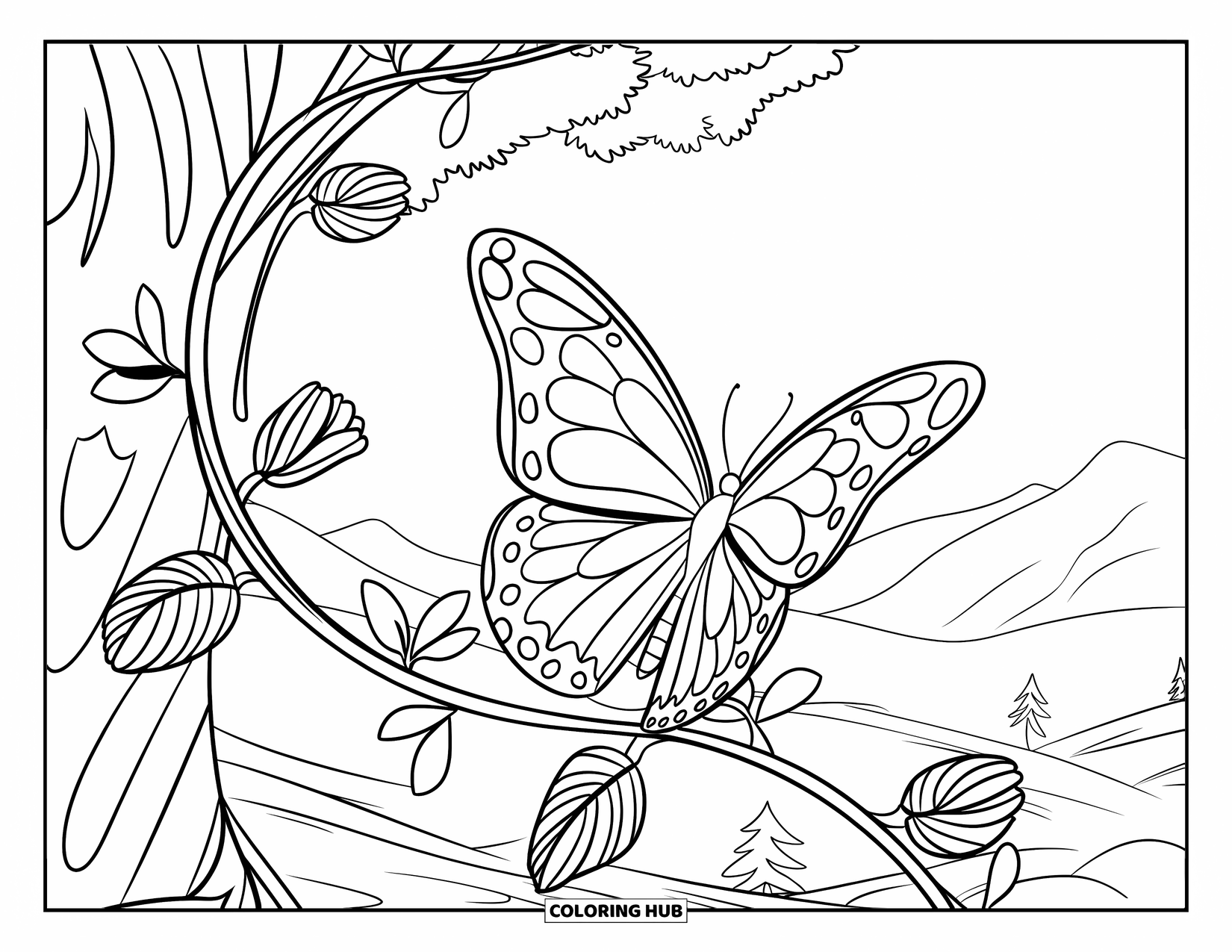 Desenho de Borboleta para Colorir para Crianças: Uma borboleta descansando em uma videira detalhada enrolada em um tronco de árvore, com uma paisagem serena
