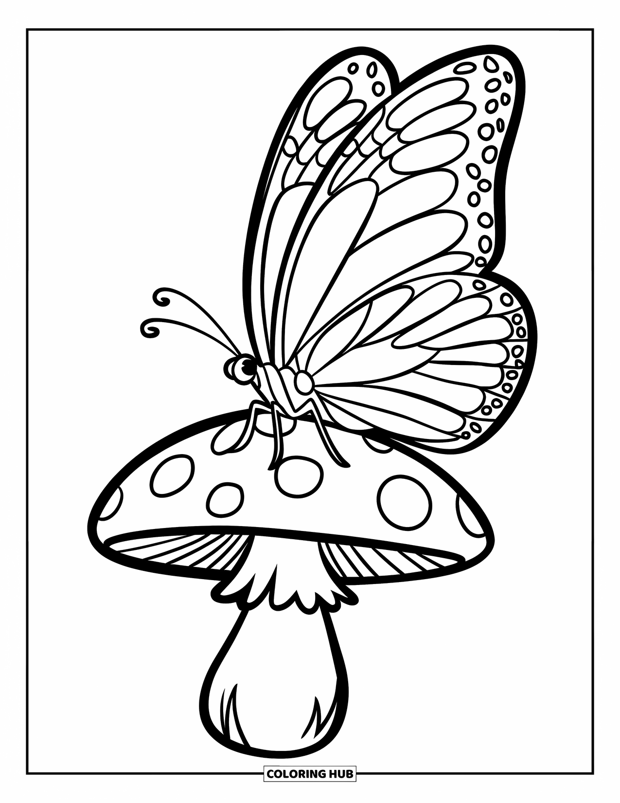 Desenho de Borboleta para Colorir para Crianças: Uma borboleta descansando em um chapéu de cogumelo com contornos simples