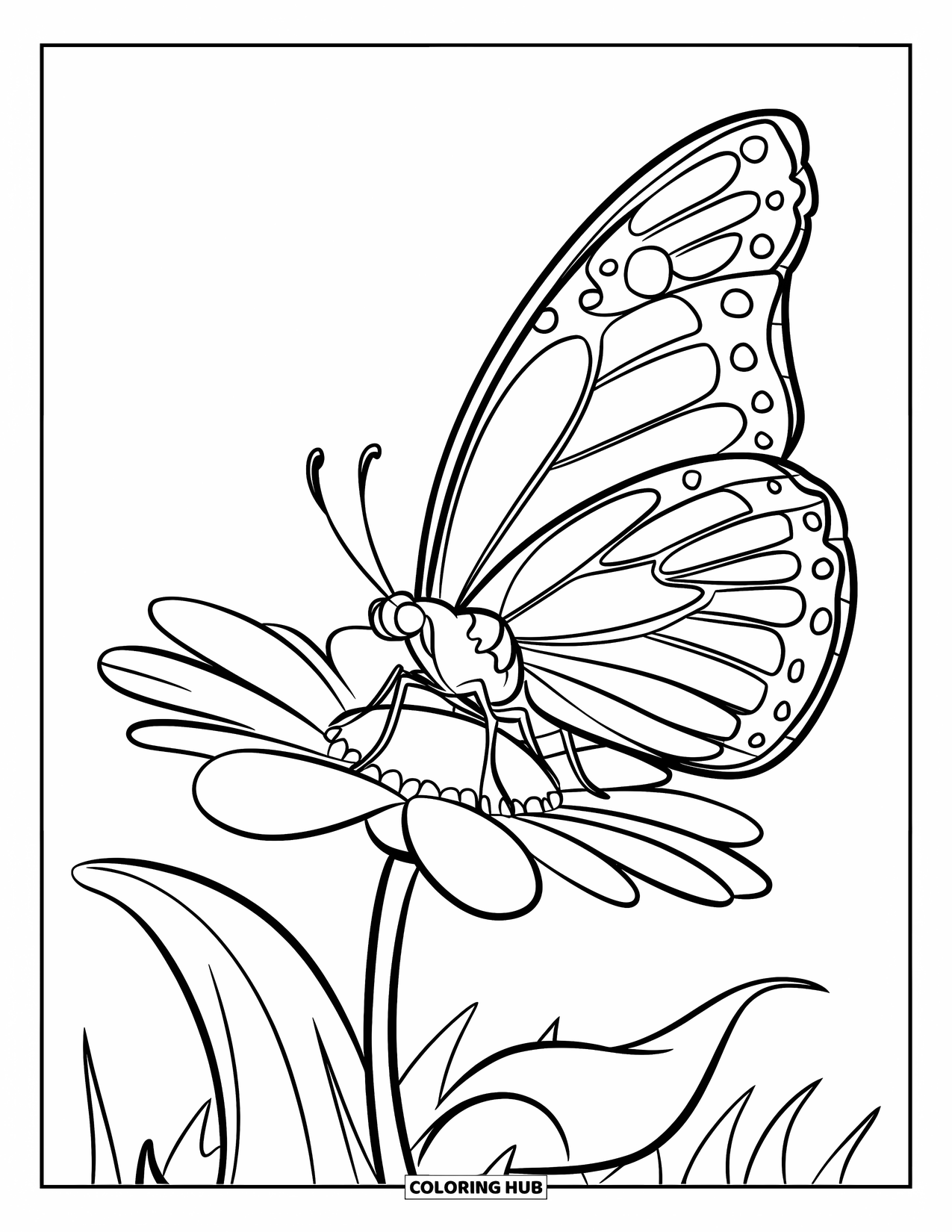 Desenho de Borboleta para Colorir para Crianças: Uma borboleta sentada em uma flor com contornos grossos