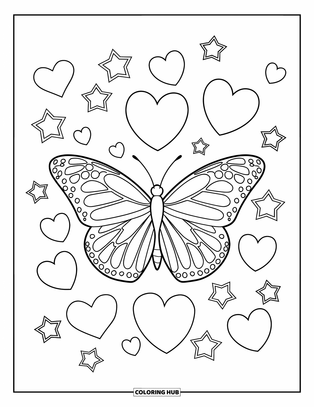 Desenho de Borboleta para Colorir para Crianças: Uma borboleta cercada por corações e estrelas flutuantes