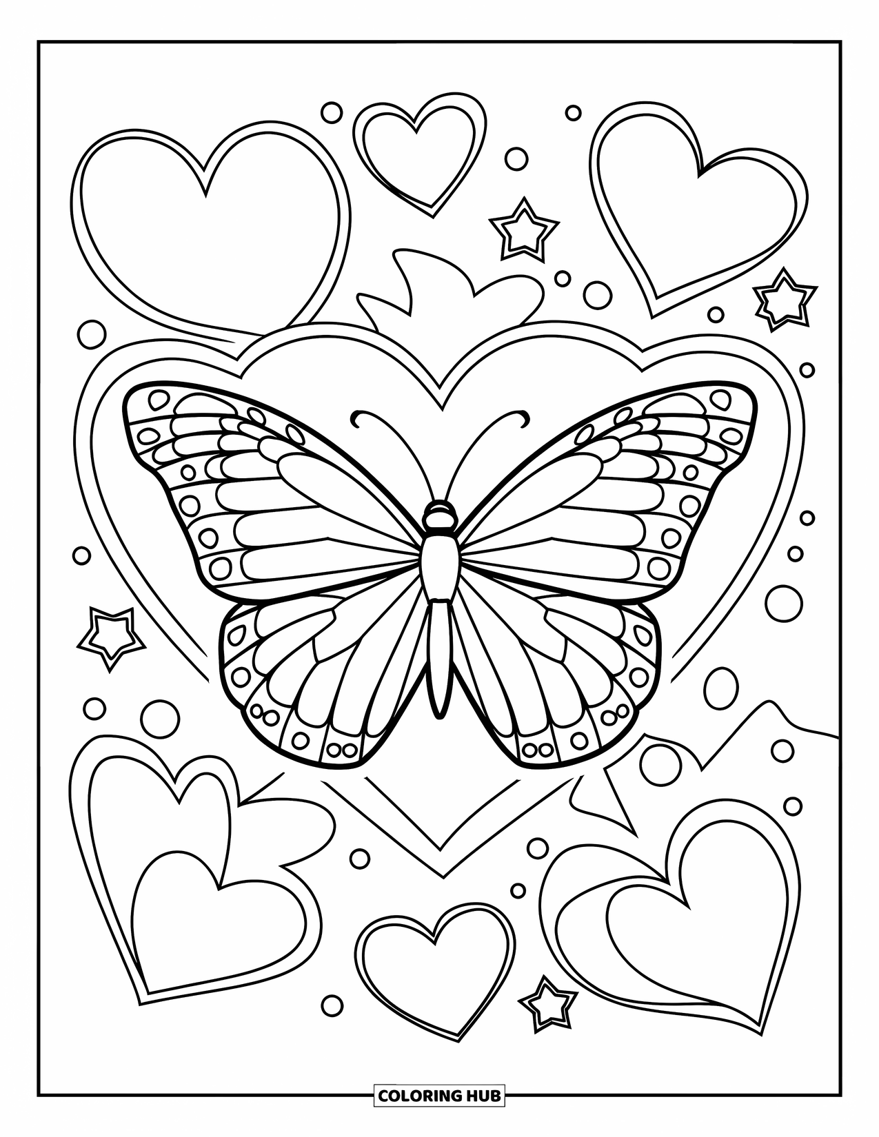 Desenho de Borboleta para Colorir para Crianças: Uma borboleta cercada por contornos de coração e estrela