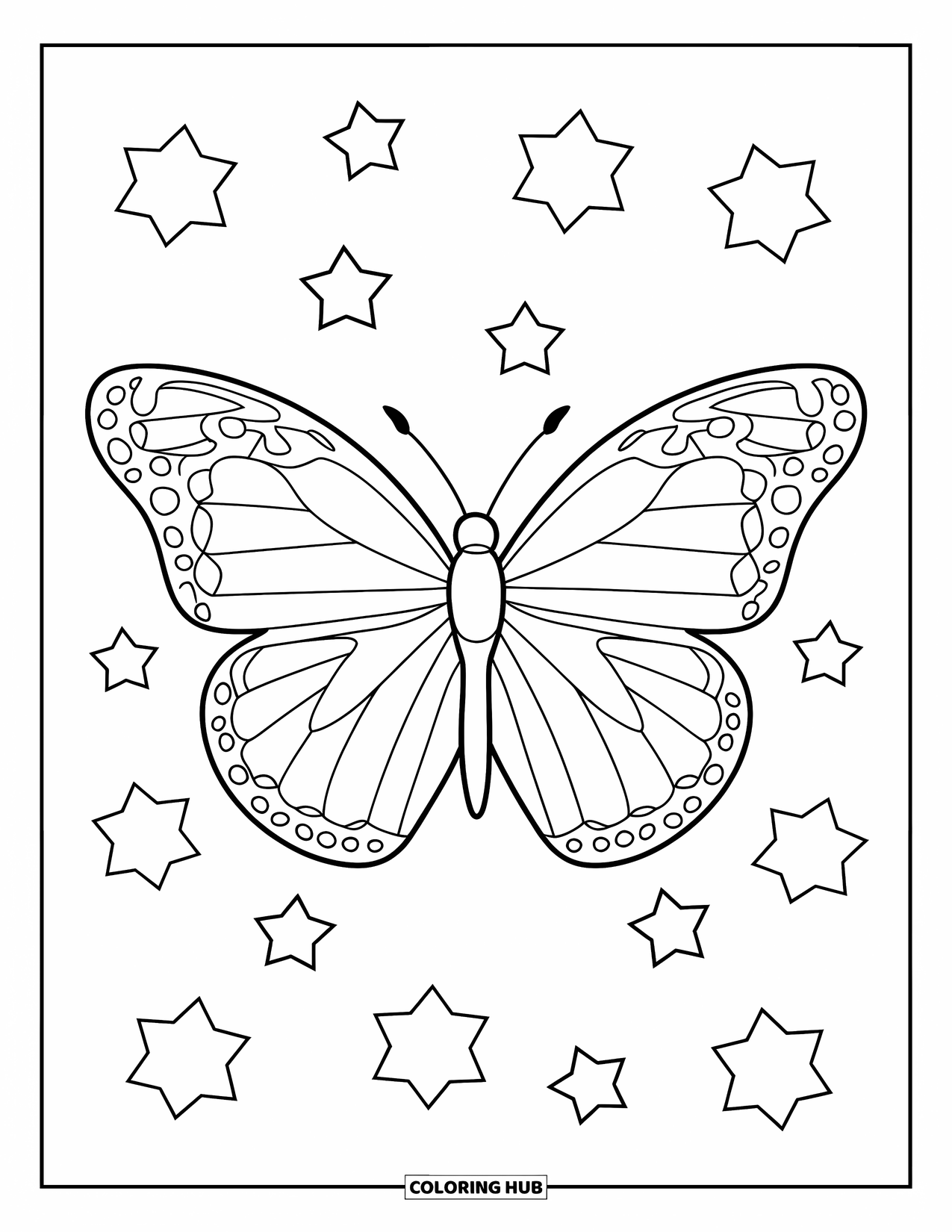 Desenho de Borboleta para Colorir para Crianças: Uma borboleta cercada por estrelas com contornos marcantes e limpos