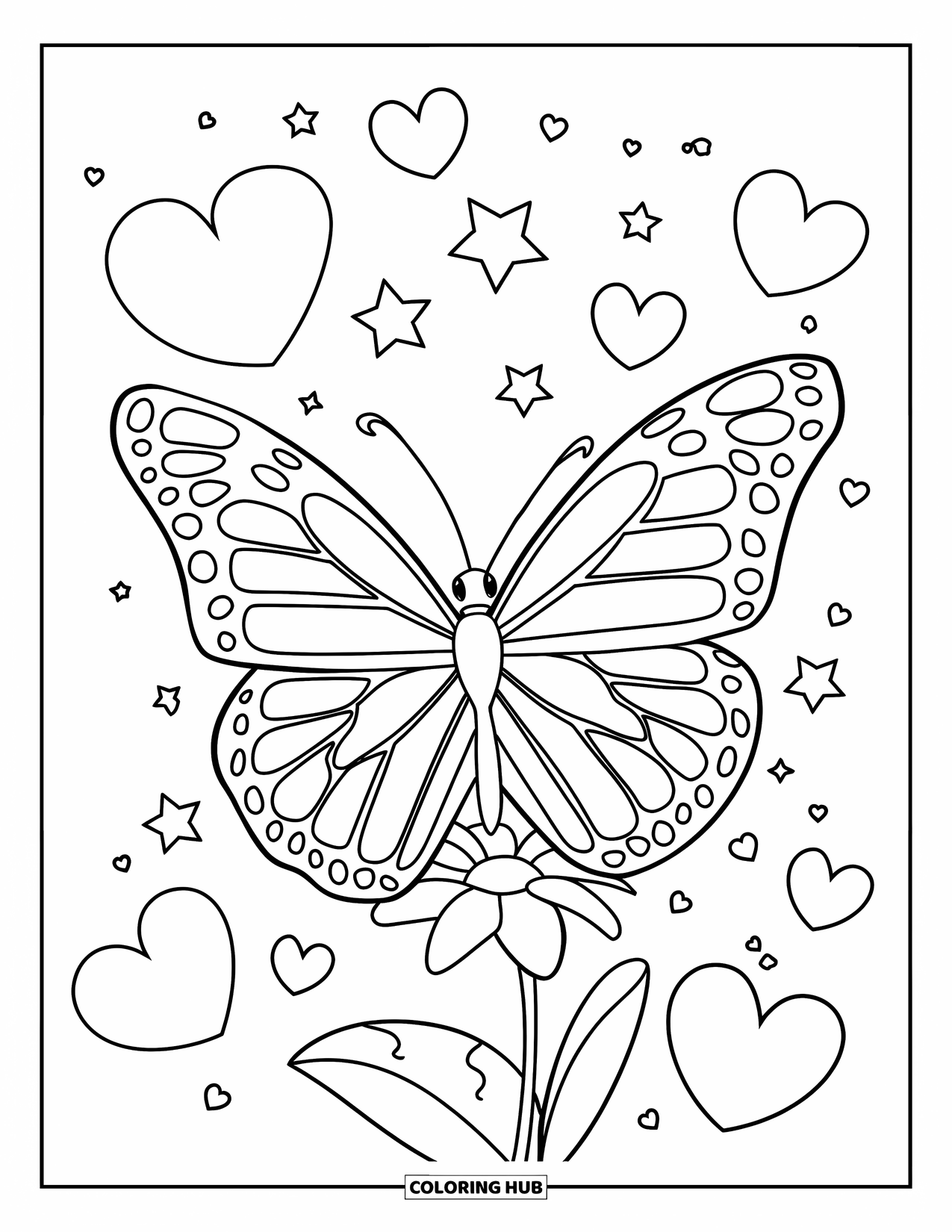 Desenho de Borboleta para Colorir para Crianças: Uma borboleta com contornos marcantes cercada por corações e estrelas