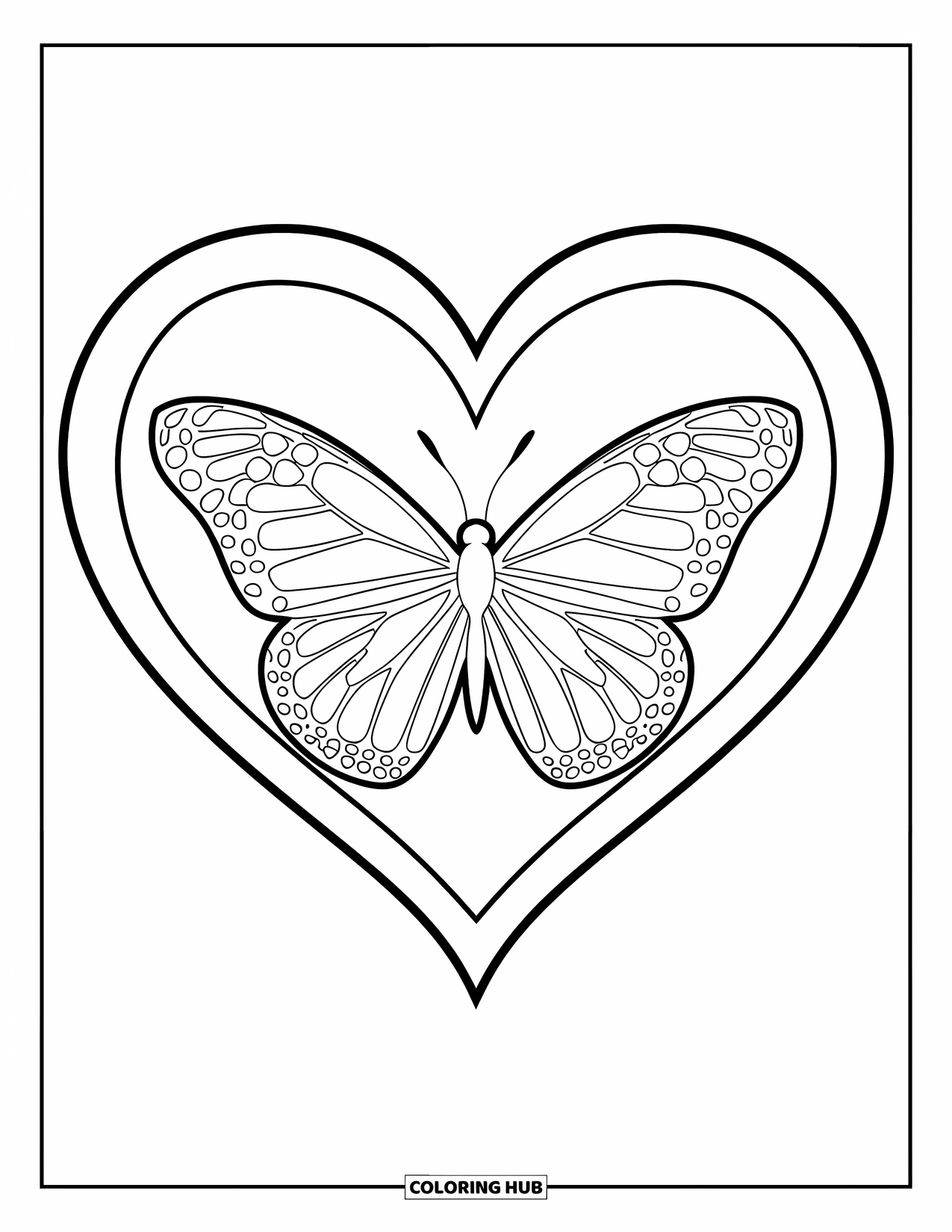 Desenho de Borboleta para Colorir para Crianças: Uma borboleta com asas marcantes colocada dentro de um contorno de coração