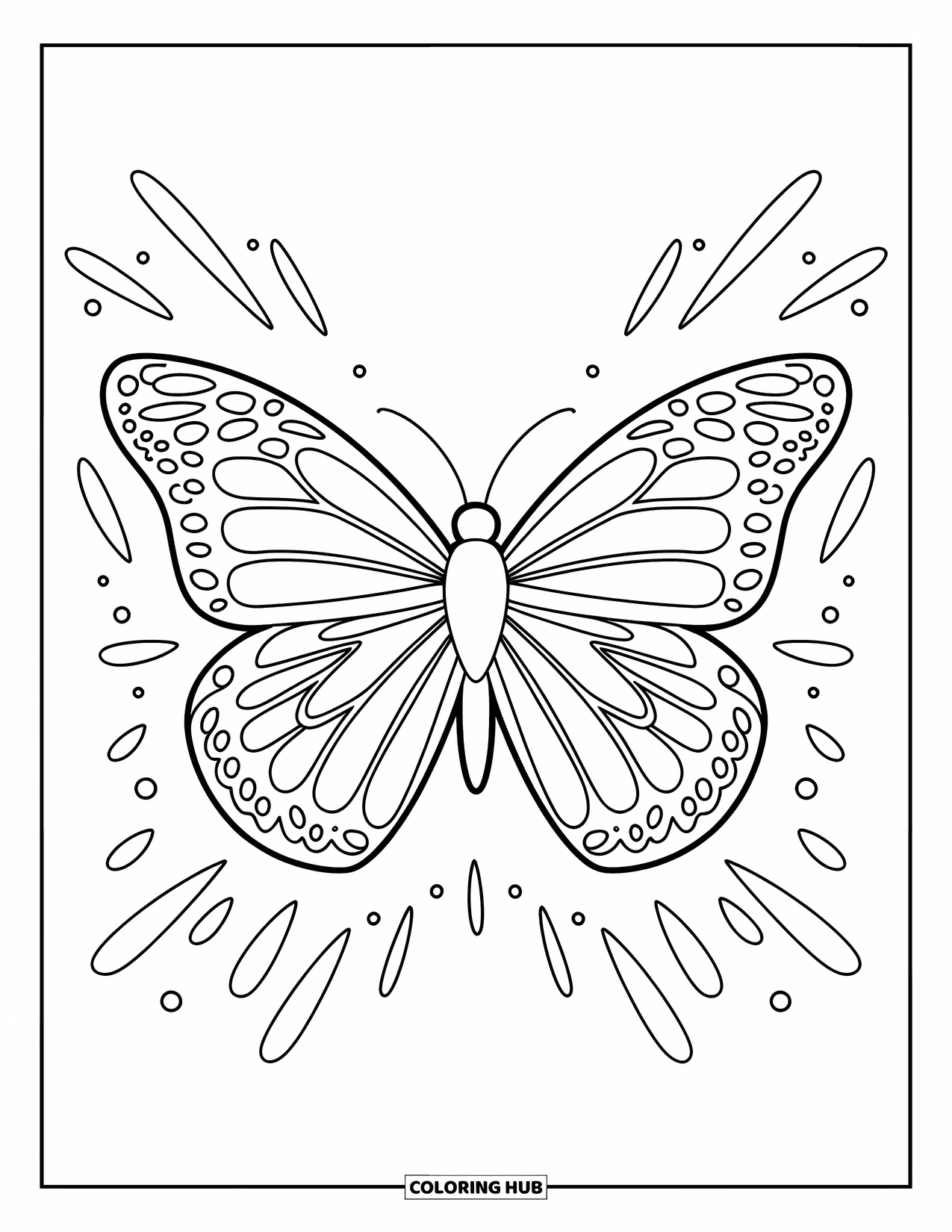 Desenho de Borboleta para Colorir para Crianças: Uma borboleta com asas marcantes cercada por linhas de movimento pontilhadas
