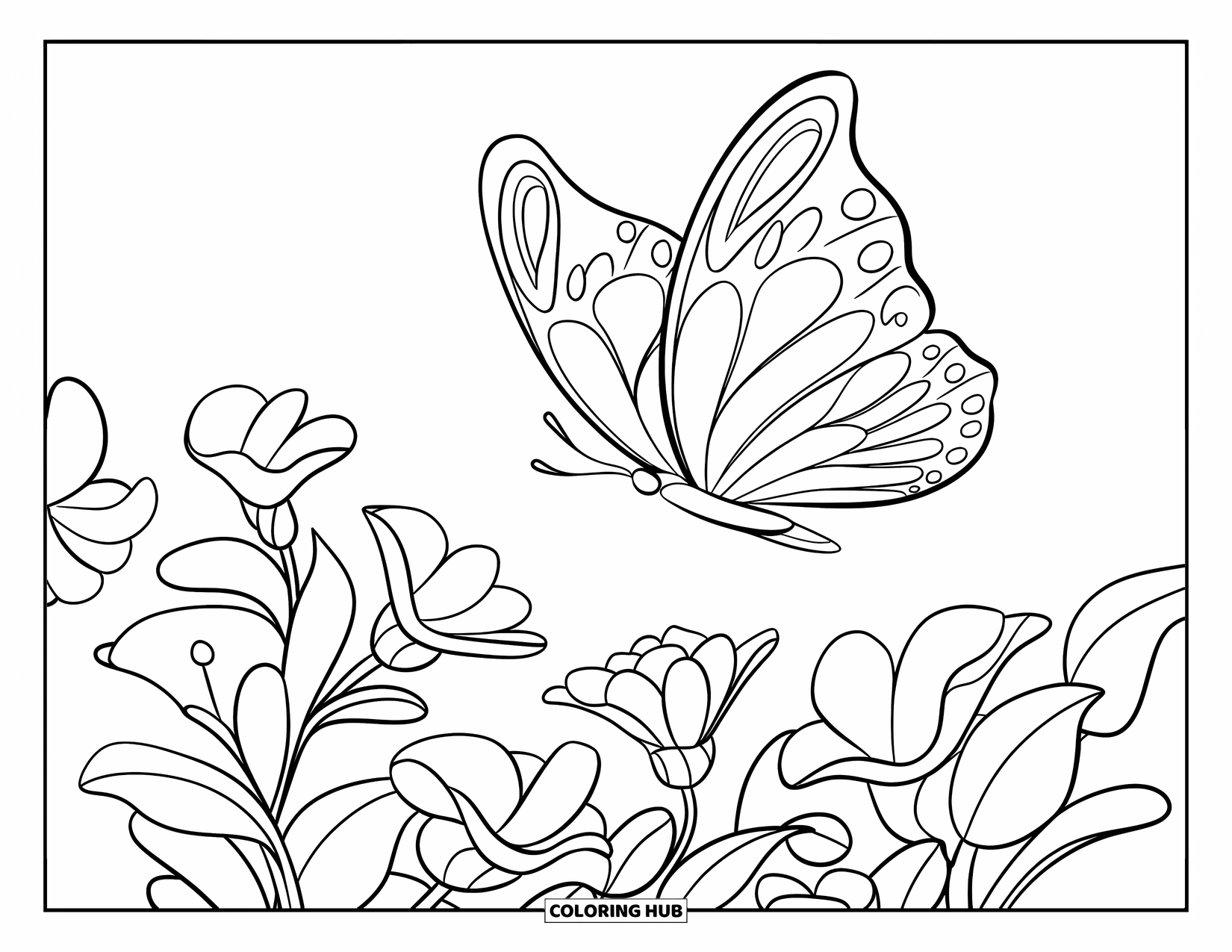 Desenho de Borboleta para Colorir para Crianças: Uma borboleta com asas curvas voando acima de flores com pétalas e folhas grandes e curvas