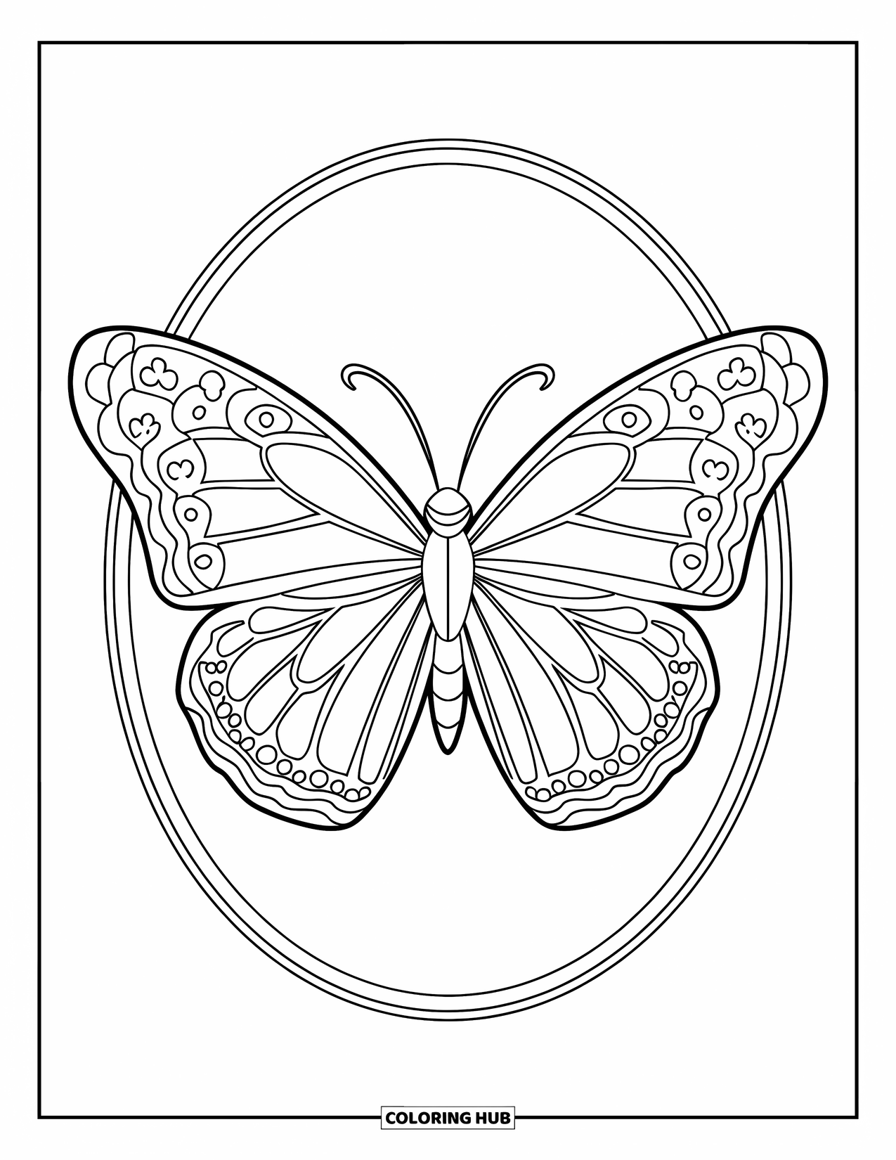 Desenho de Borboleta para Colorir para Crianças: Uma borboleta com asas detalhadas dentro de uma borda oval
