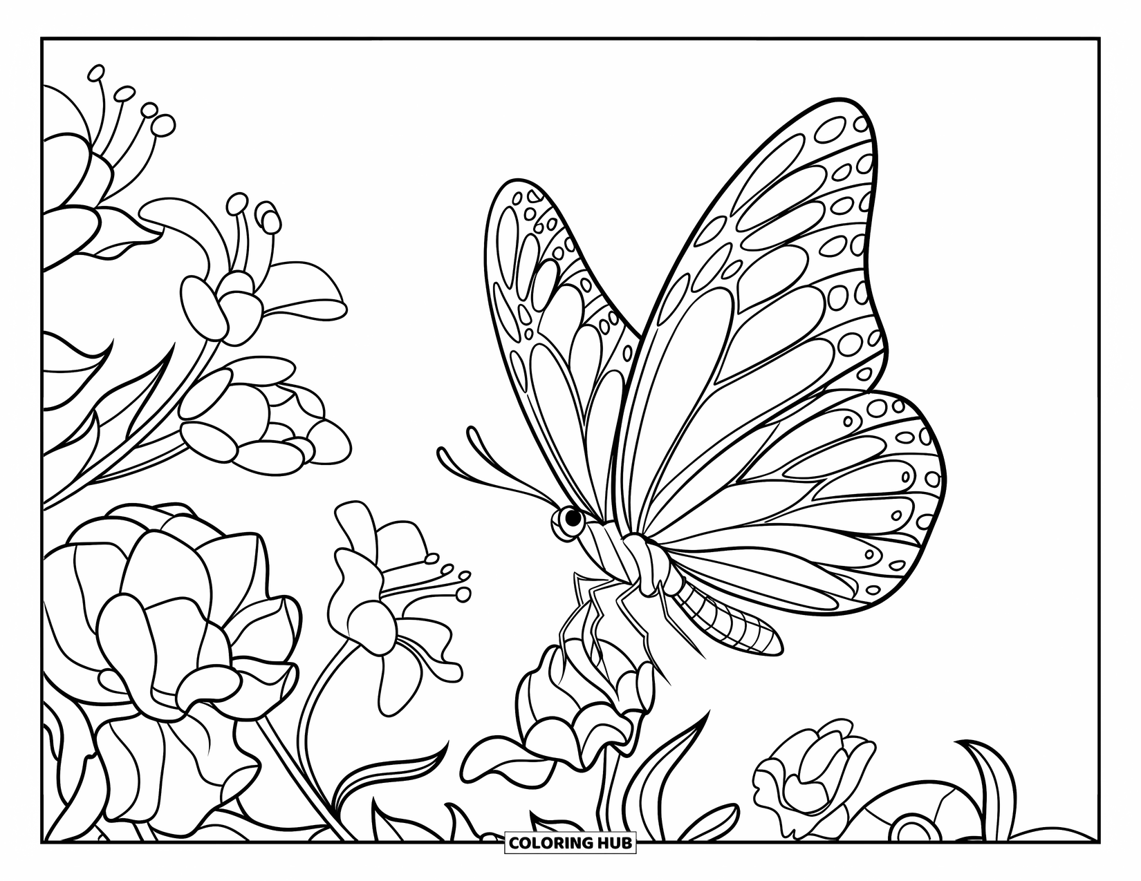 Desenho de Borboleta para Colorir para Crianças: Uma borboleta com asas elegantes voando acima de flores e folhas em um estilo divertido