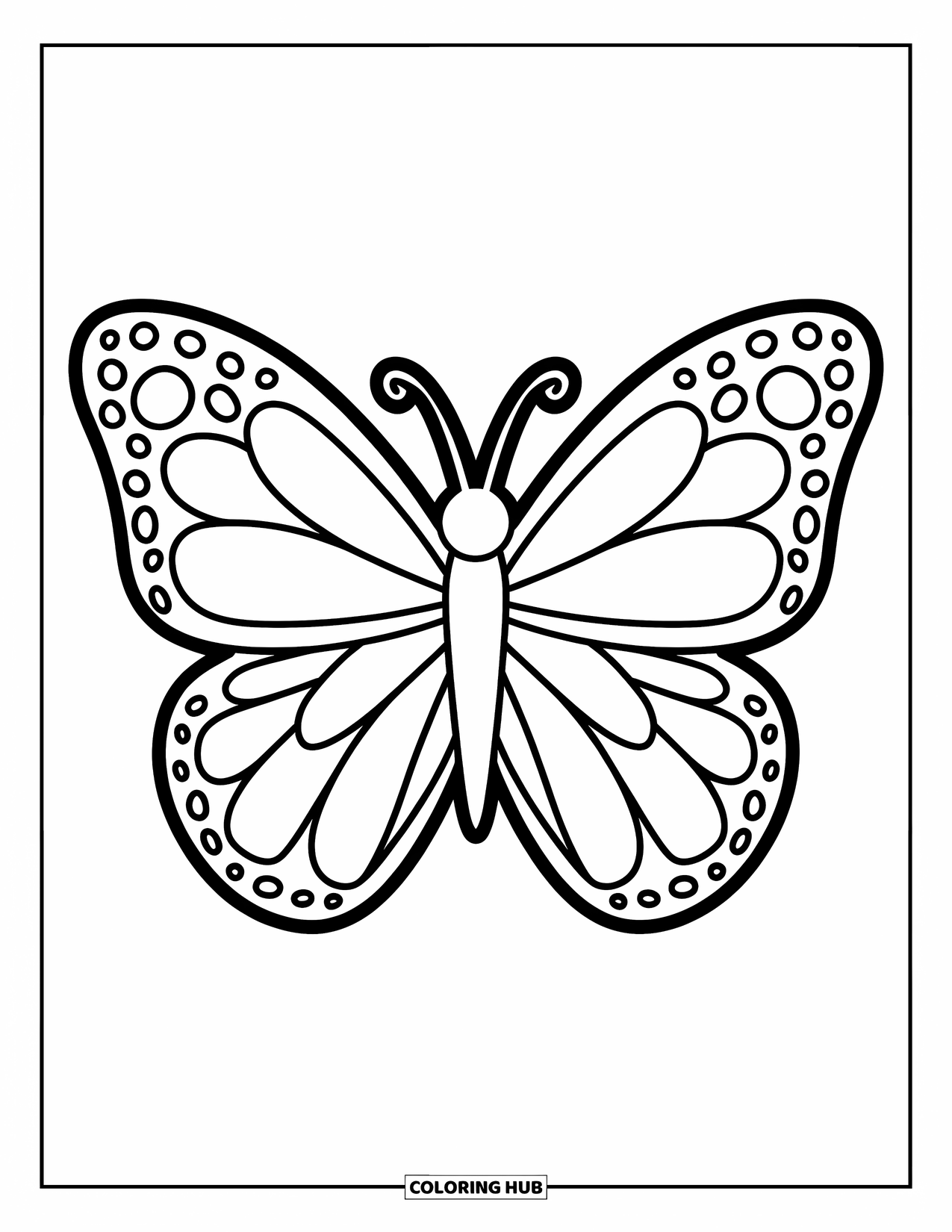 Desenho de Borboleta para Colorir para Crianças: Uma borboleta com asas exageradas divididas em três seções