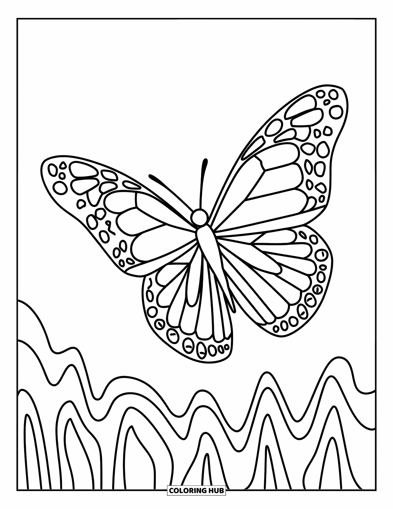 Desenho de Borboleta para Colorir para Crianças: Uma borboleta com asas geométricas acima de linhas de grama ondulada