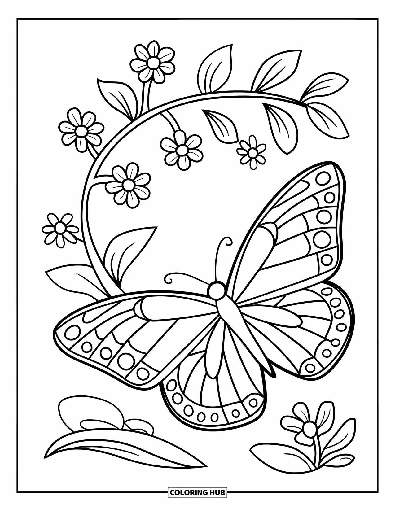 Desenho de Borboleta para Colorir para Crianças: Uma borboleta com asas geométricas ao lado de uma videira com pequenas flores