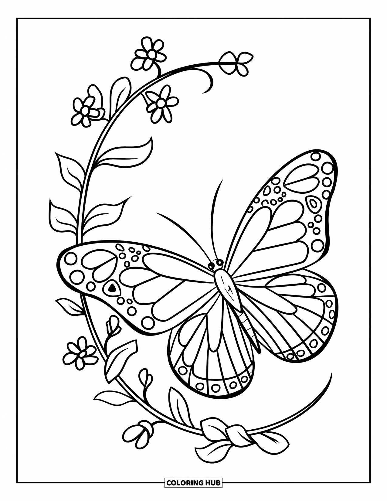 Desenho de Borboleta para Colorir para Crianças: Uma borboleta com asas geométricas voando acima de uma videira com pequenas flores e folhas