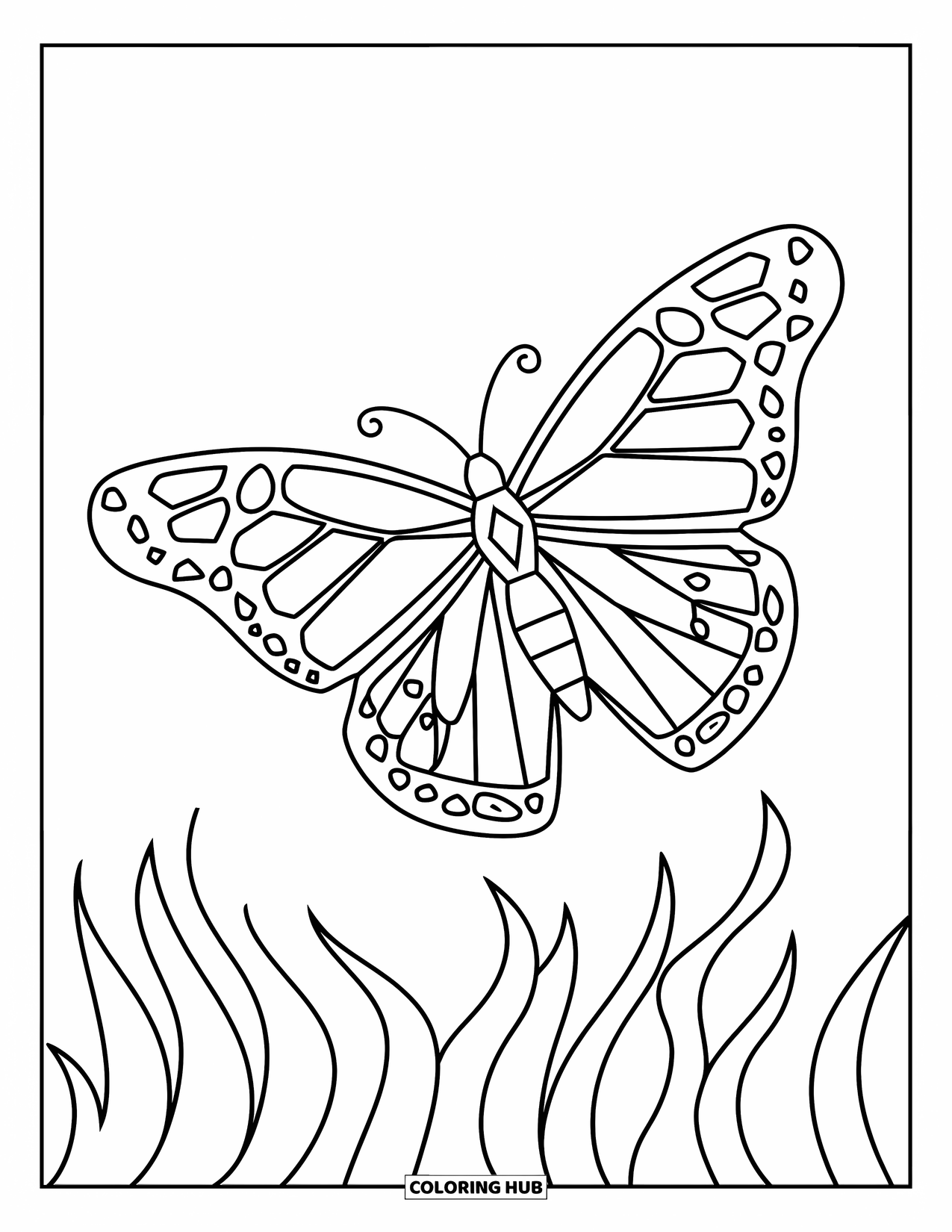 Desenho de Borboleta para Colorir para Crianças: Uma borboleta com asas geométricas voando acima de um contorno de grama ondulada