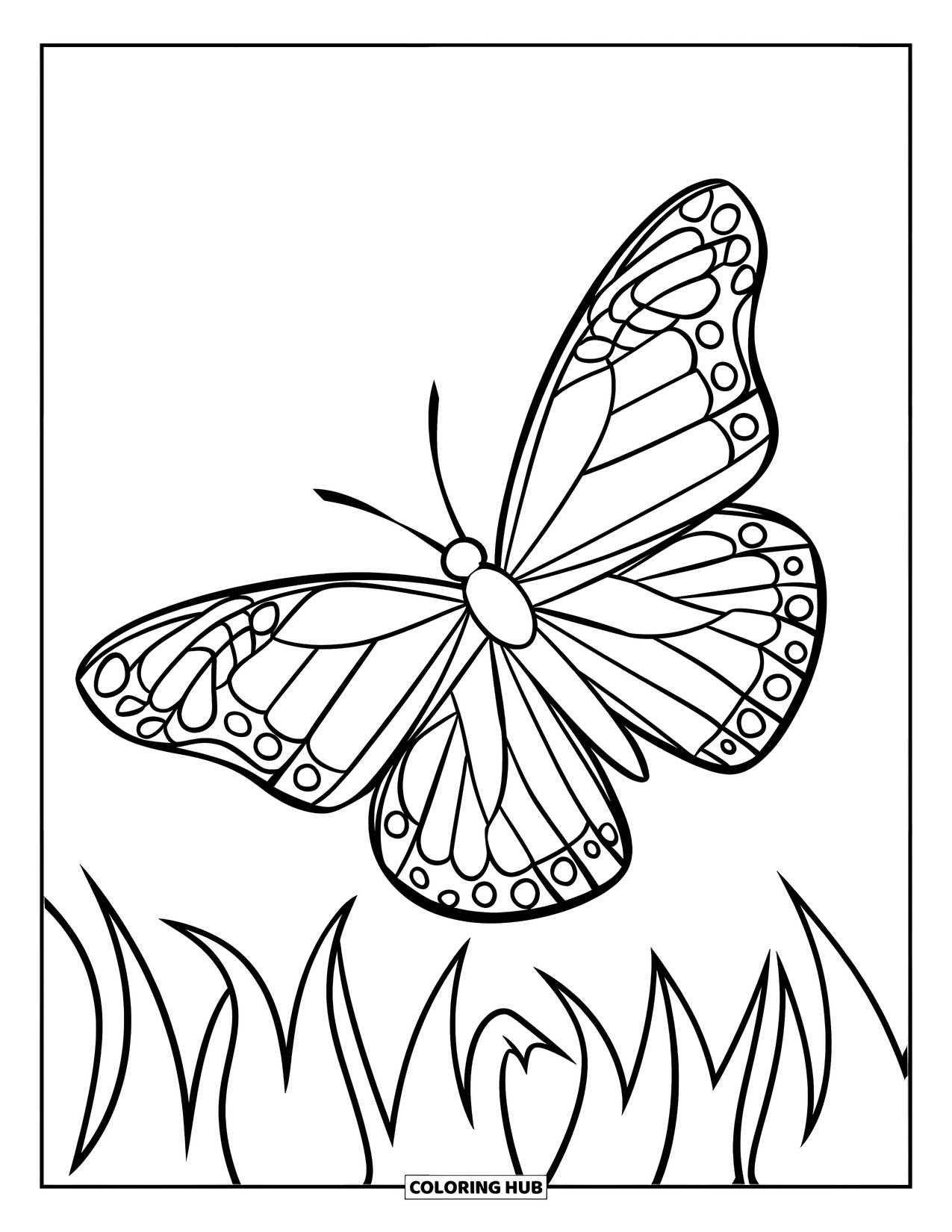 Desenho de Borboleta para Colorir para Crianças: Uma borboleta com asas geométricas voando acima de grama ondulada