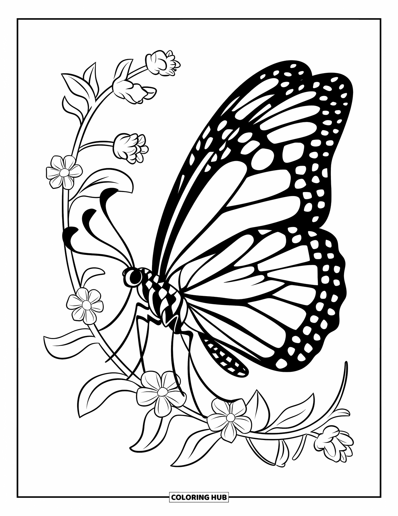 Desenho de Borboleta para Colorir para Crianças: Uma borboleta com asas geométricas ao lado de uma videira com flores e folhas