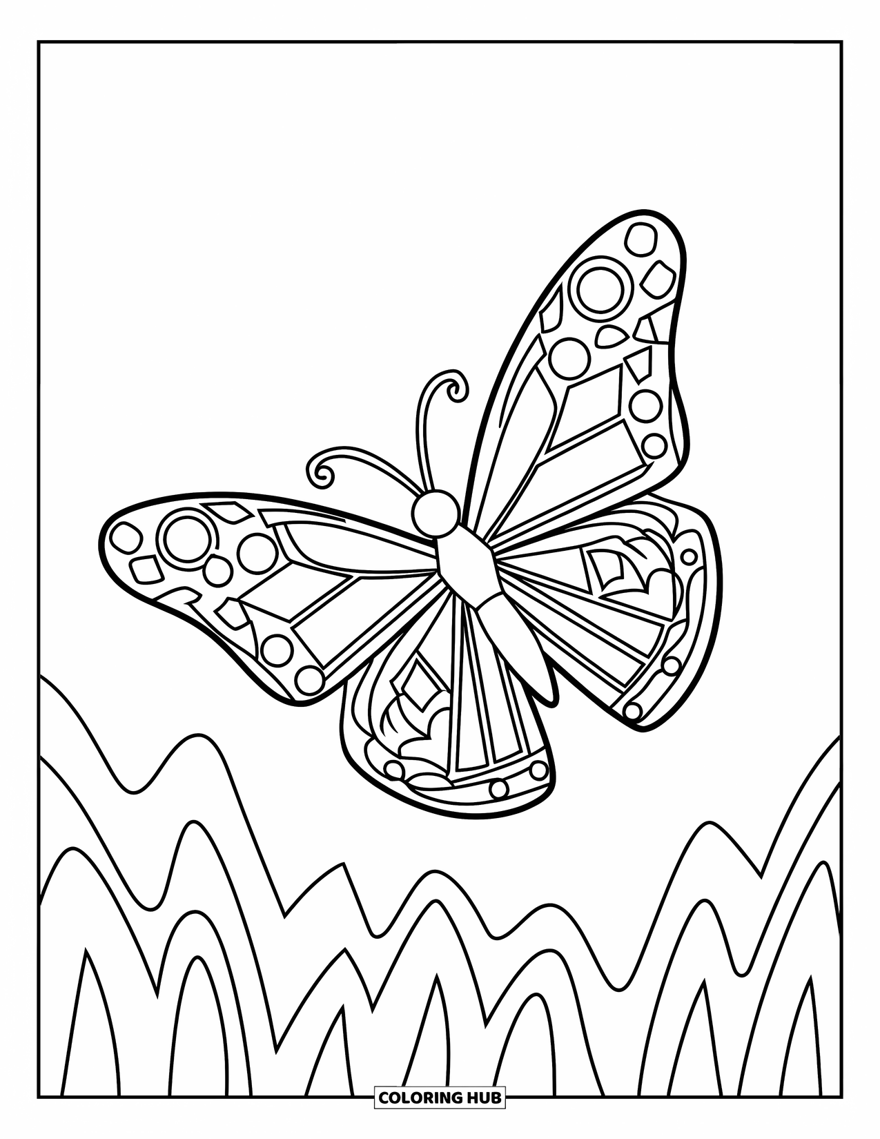 Desenho de Borboleta para Colorir para Crianças: Uma borboleta com asas geométricas voando sobre grama ondulada