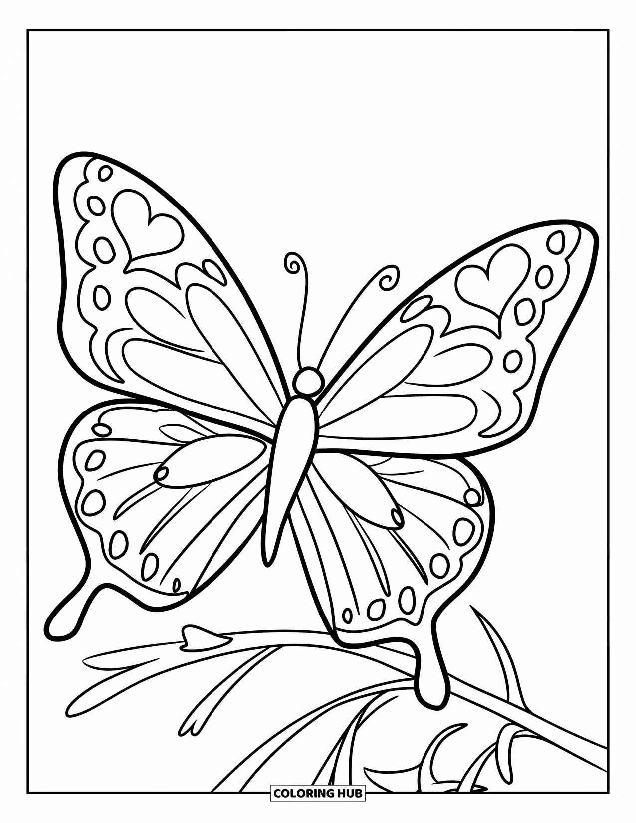 Desenho de Borboleta para Colorir para Crianças: Uma borboleta com contornos de coração e estrela sentada em um galho