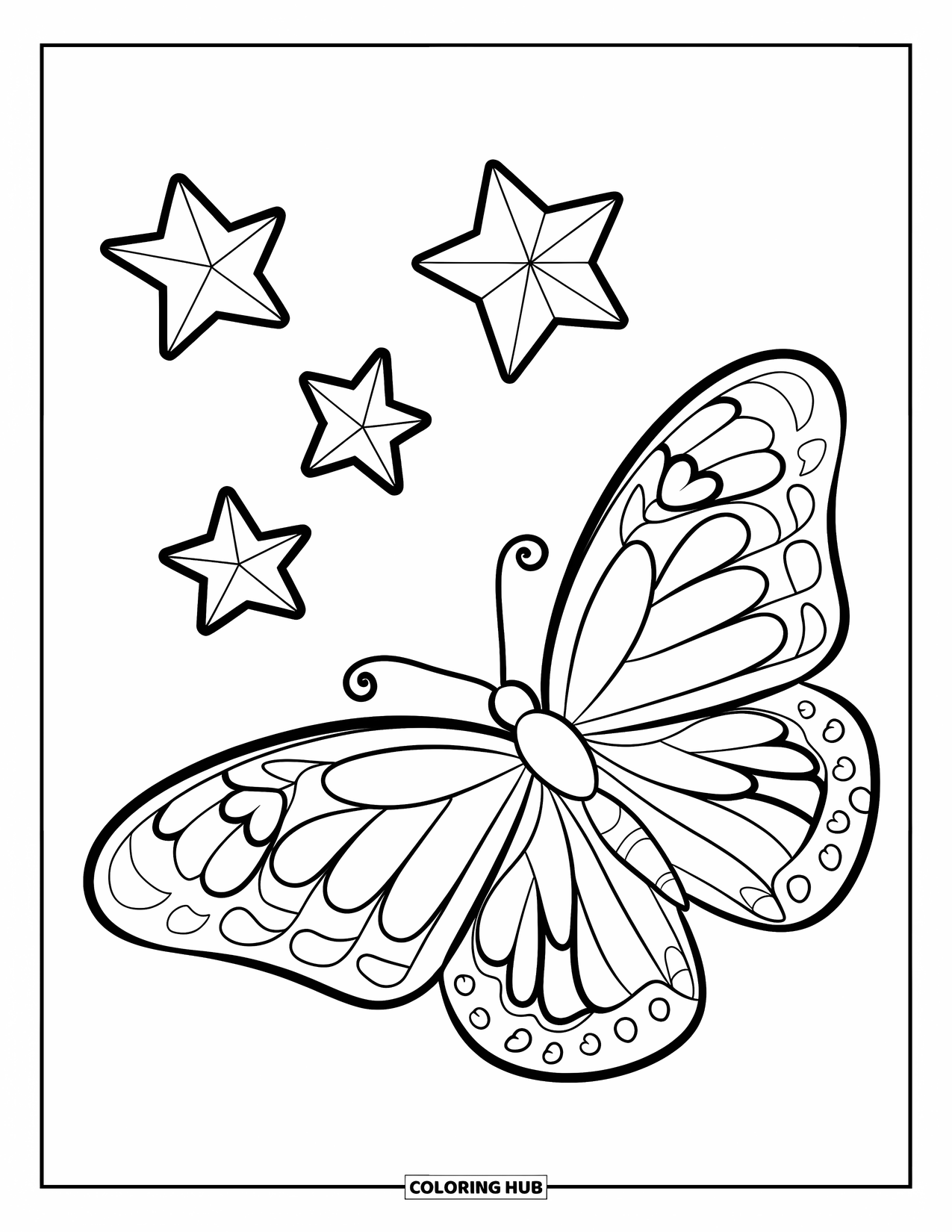Desenho de Borboleta para Colorir para Crianças: Uma borboleta com padrões de asas em forma de coração e estrelas flutuantes