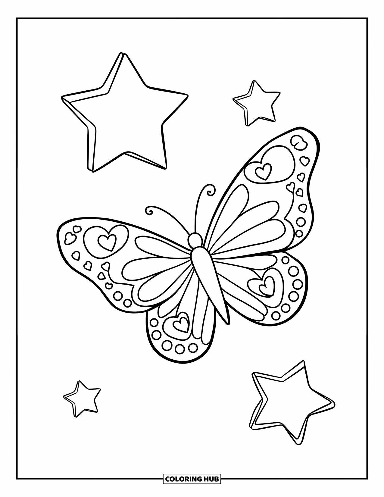 Desenho de Borboleta para Colorir para Crianças: Uma borboleta com asas em forma de coração e estrelas espalhadas ao redor dela
