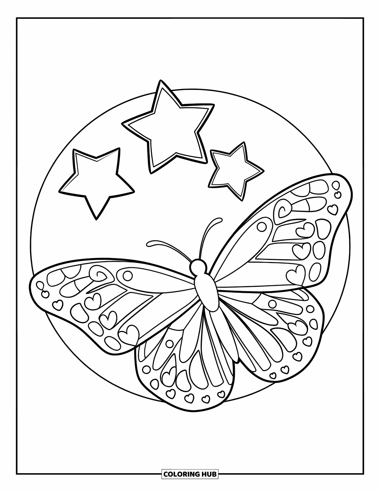 Desenho de Borboleta para Colorir para Crianças: Uma borboleta com asas em forma de coração voando perto de três estrelas