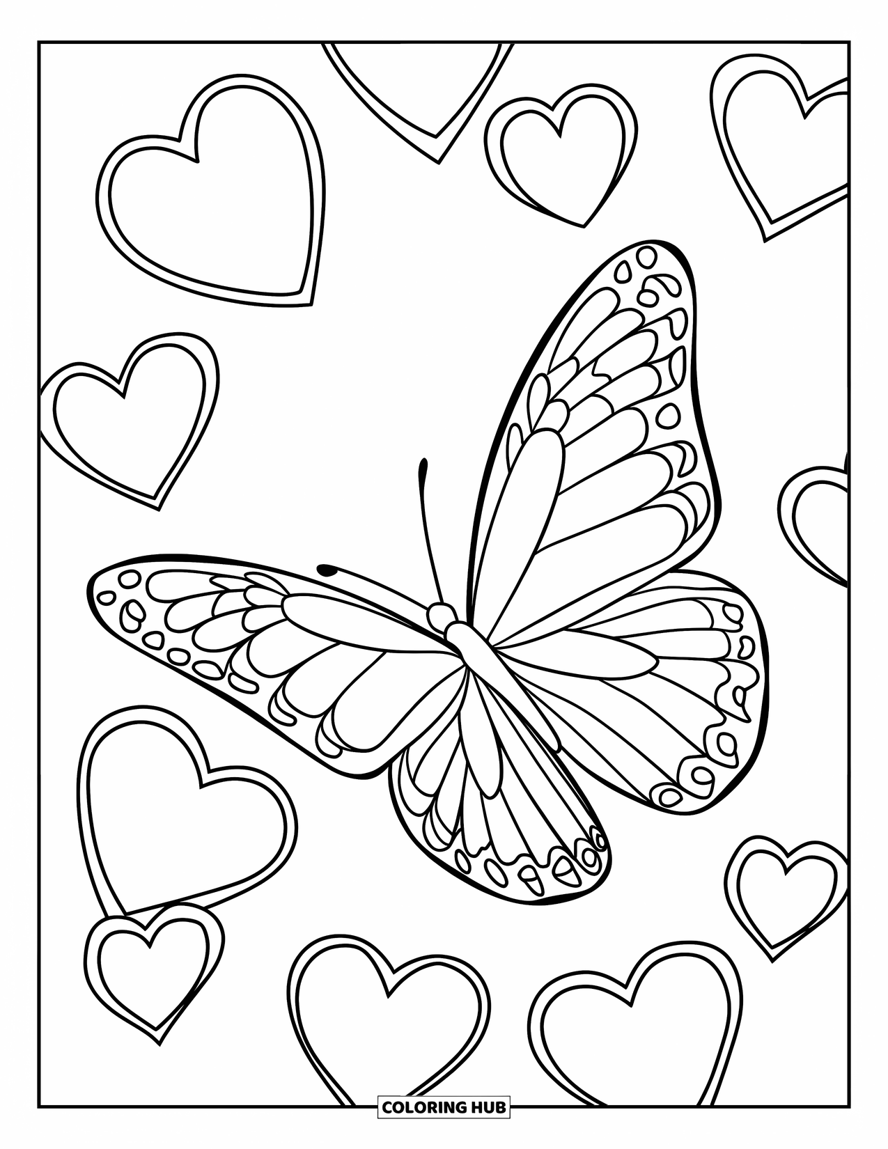 Desenho de Borboleta para Colorir para Crianças: Uma borboleta com asas em camadas voando perto de corações flutuantes, cercada por padrões detalhados