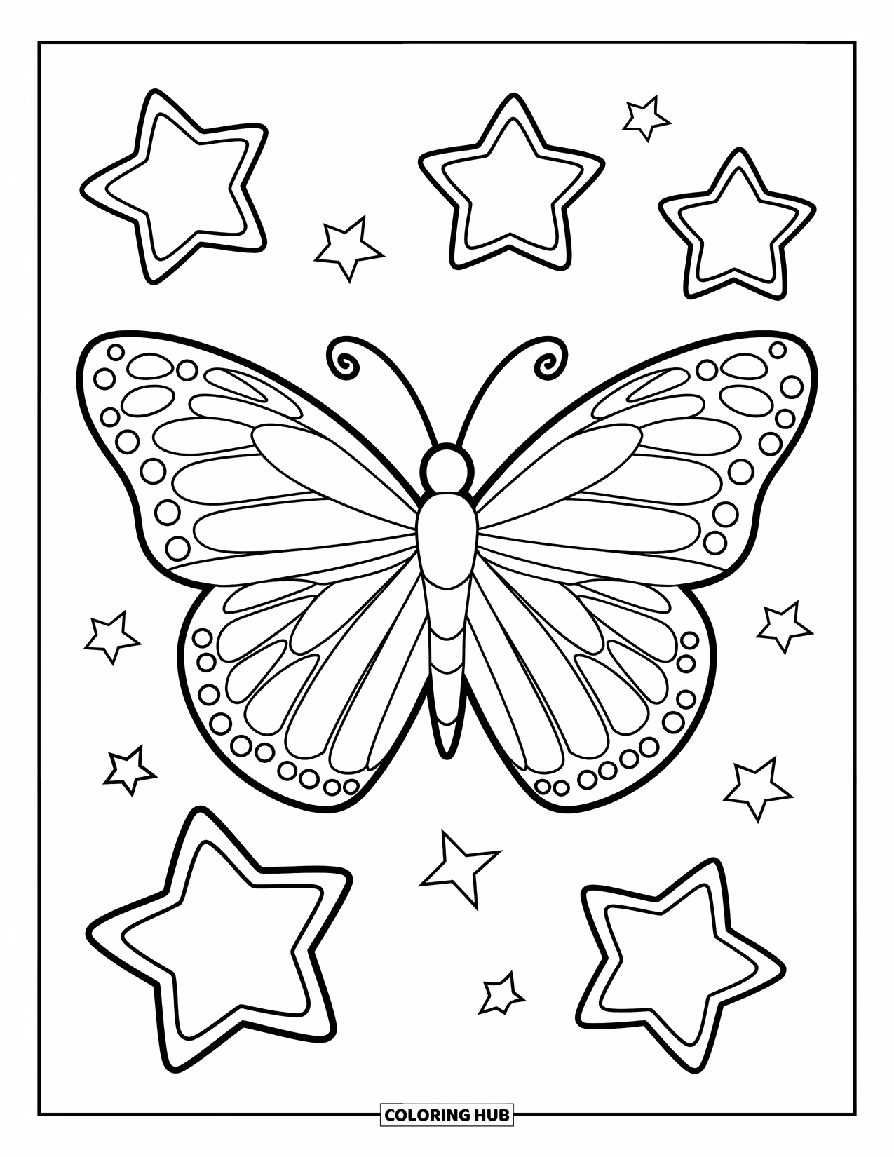 Desenho de Borboleta para Colorir para Crianças: Uma borboleta com estrelas ao redor dela, contornada para facilitar a coloração