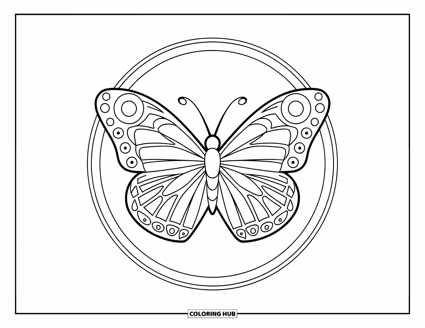 Desenho de Borboleta para Colorir para Crianças: Uma borboleta com desenhos de asas simétricas dentro de um contorno circular