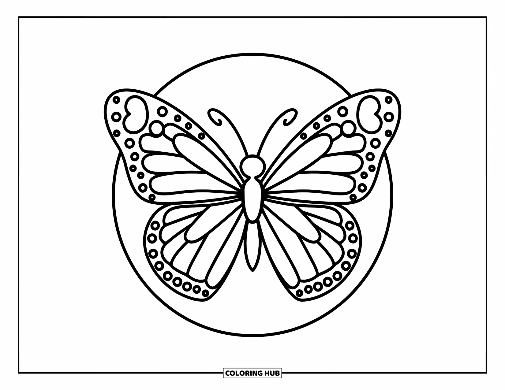 Desenho de Borboleta para Colorir para Crianças: Uma borboleta com asas simétricas dentro de um contorno circular