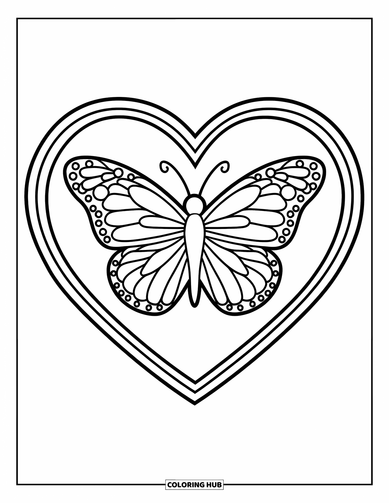 Desenho de Borboleta para Colorir para Crianças: Uma borboleta com asas simétricas dentro de uma moldura em forma de coração