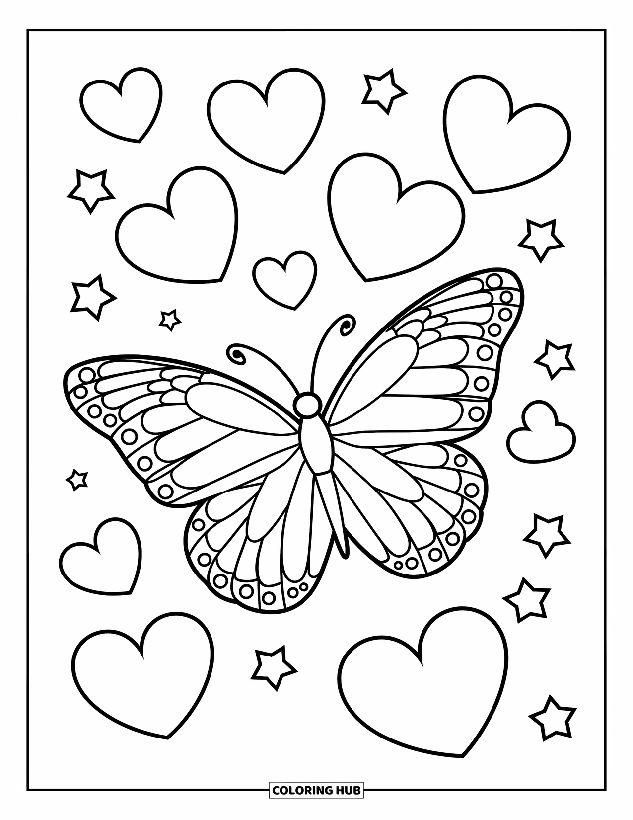 Desenho de Borboleta para Colorir para Crianças: Uma borboleta com asas largas e estampadas, cercada por corações e estrelas flutuantes