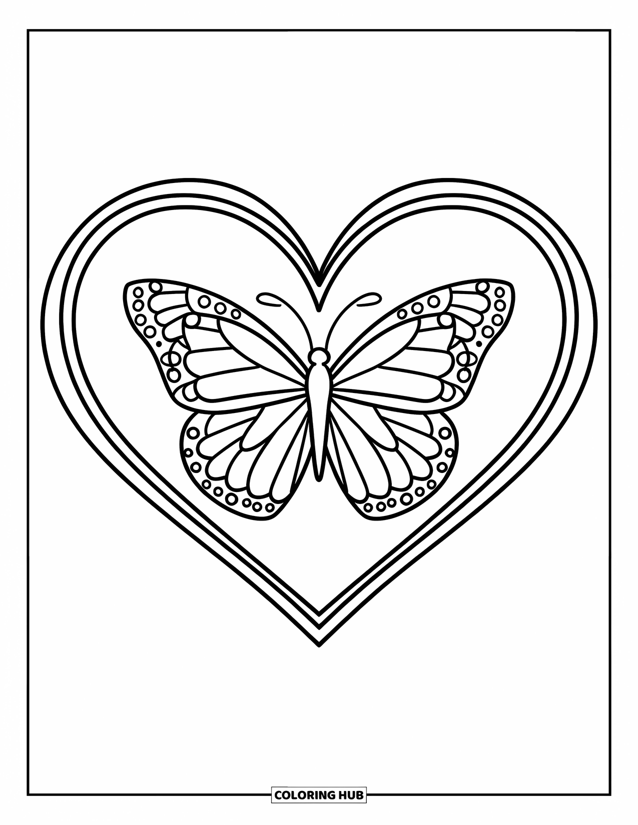 Desenho de Borboleta para Colorir para Crianças: Uma borboleta com asas largas centralizada em uma moldura em forma de coração