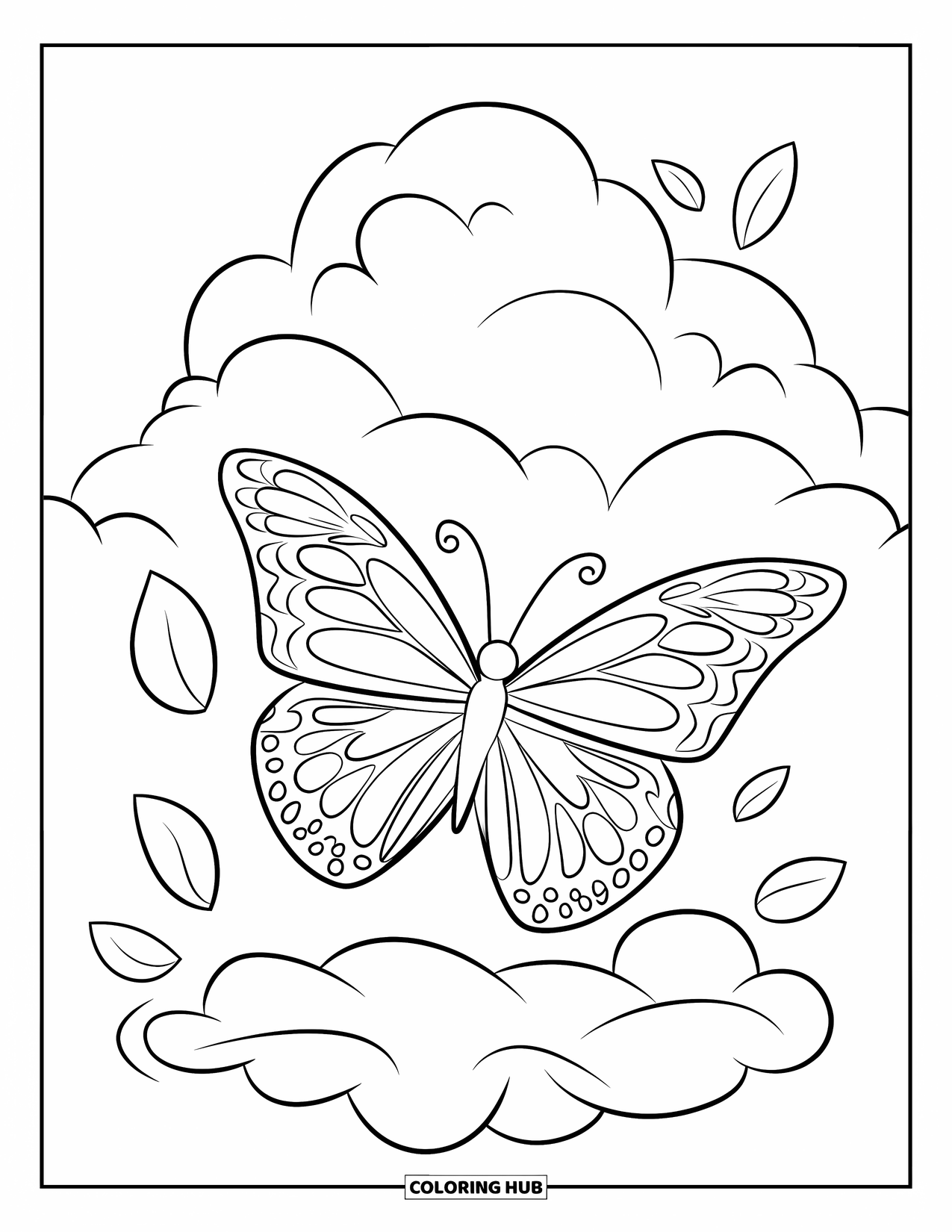 Desenho de Borboleta para Colorir para Crianças: Uma borboleta com asas em zigue-zague flutuando acima de uma nuvem com contornos de folhas