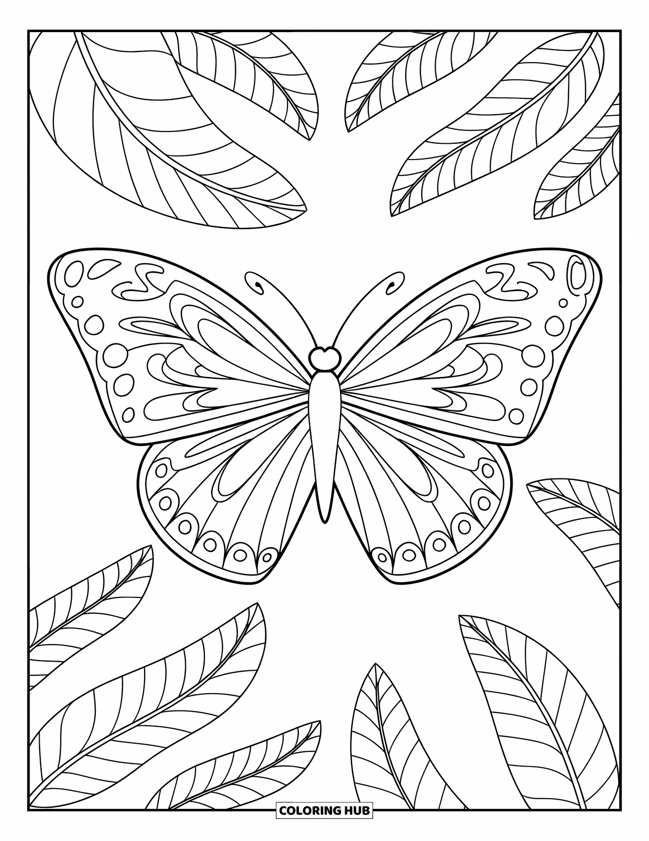 Desenho de Borboleta para Colorir para Crianças: Uma borboleta com asas em zigue-zague voando entre contornos de folhas