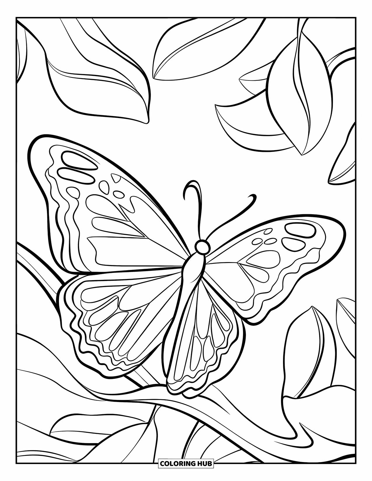 Desenho de Borboleta para Colorir para Crianças: Uma borboleta com asas em zigue-zague pousada em um galho com folhas flutuantes