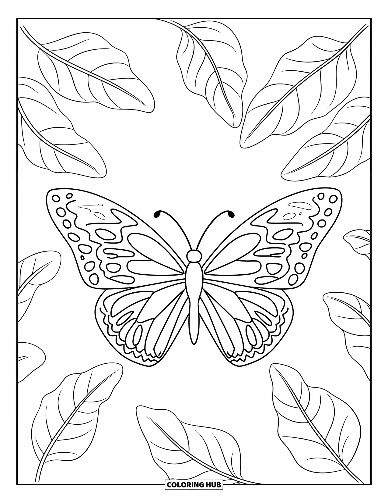 Desenho de Borboleta para Colorir para Crianças: Uma borboleta com asas em zigue-zague cercada por contornos de folhas flutuantes