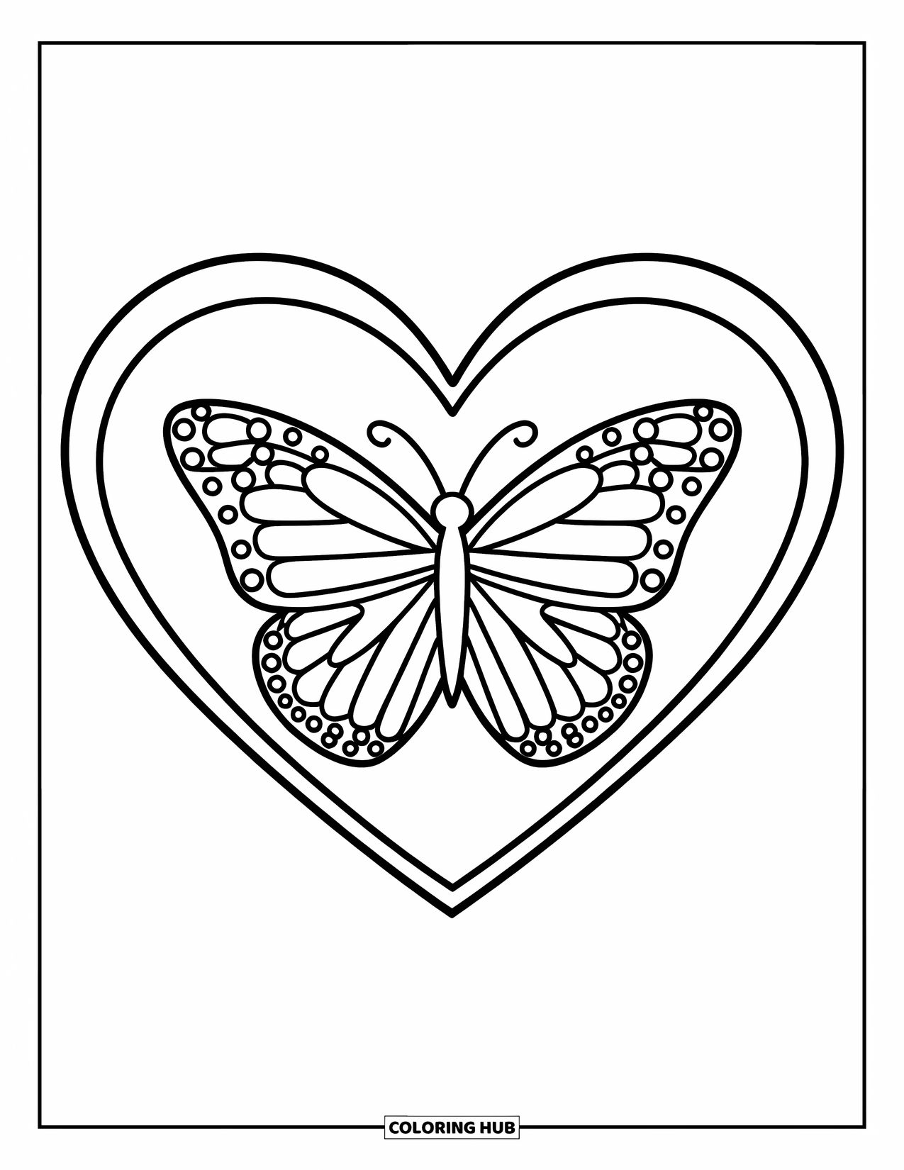 Desenho de Borboleta para Colorir para Crianças: Uma moldura em forma de coração com uma borboleta no centro
